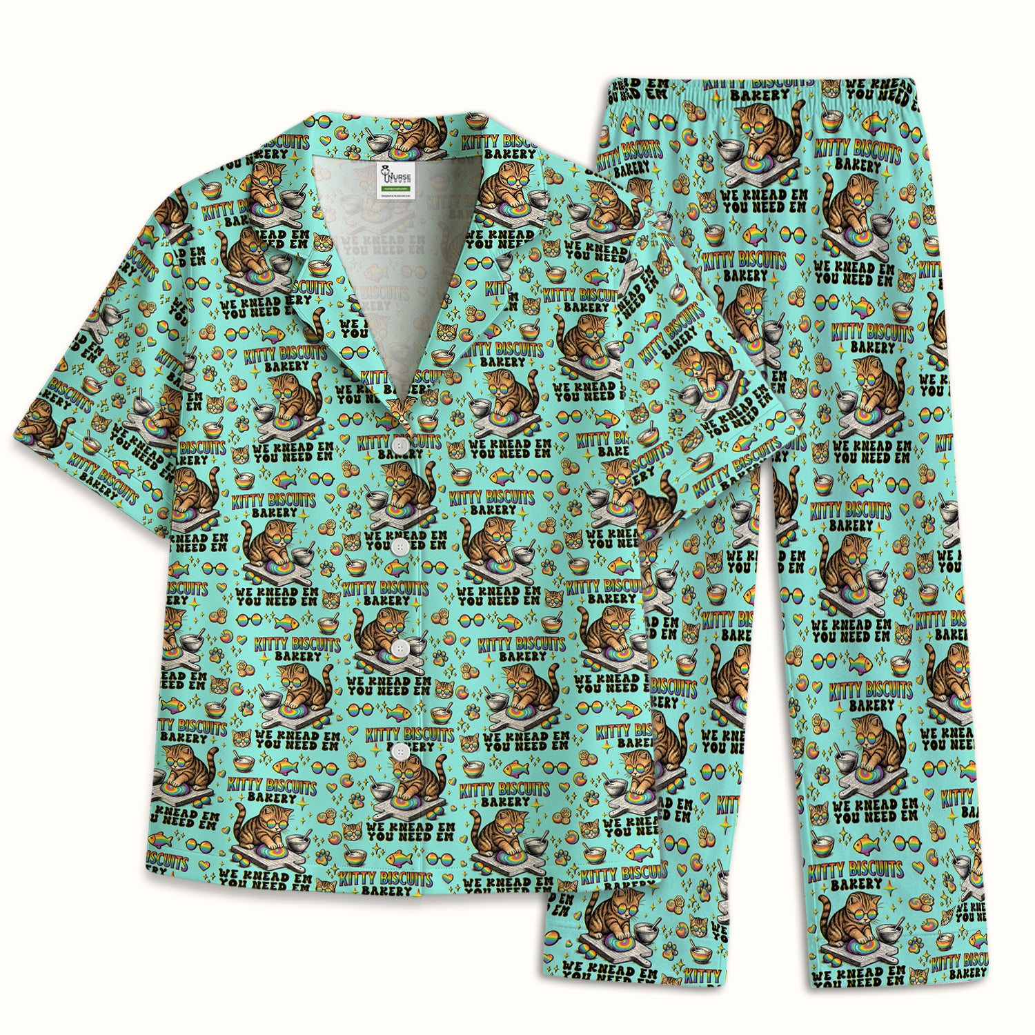 Pride Nurse Cat Baking Rainbow Dough Pattern Pajama Set, Breathable Fabrics Uniform