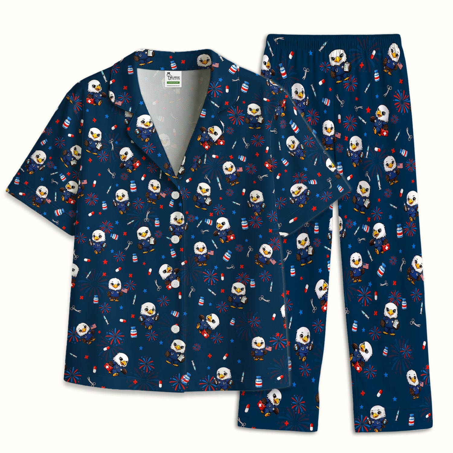 Patriotic Nurse Eagle Fireworks Medical Pattern Pajama Set, Breathable Fabrics Uniform