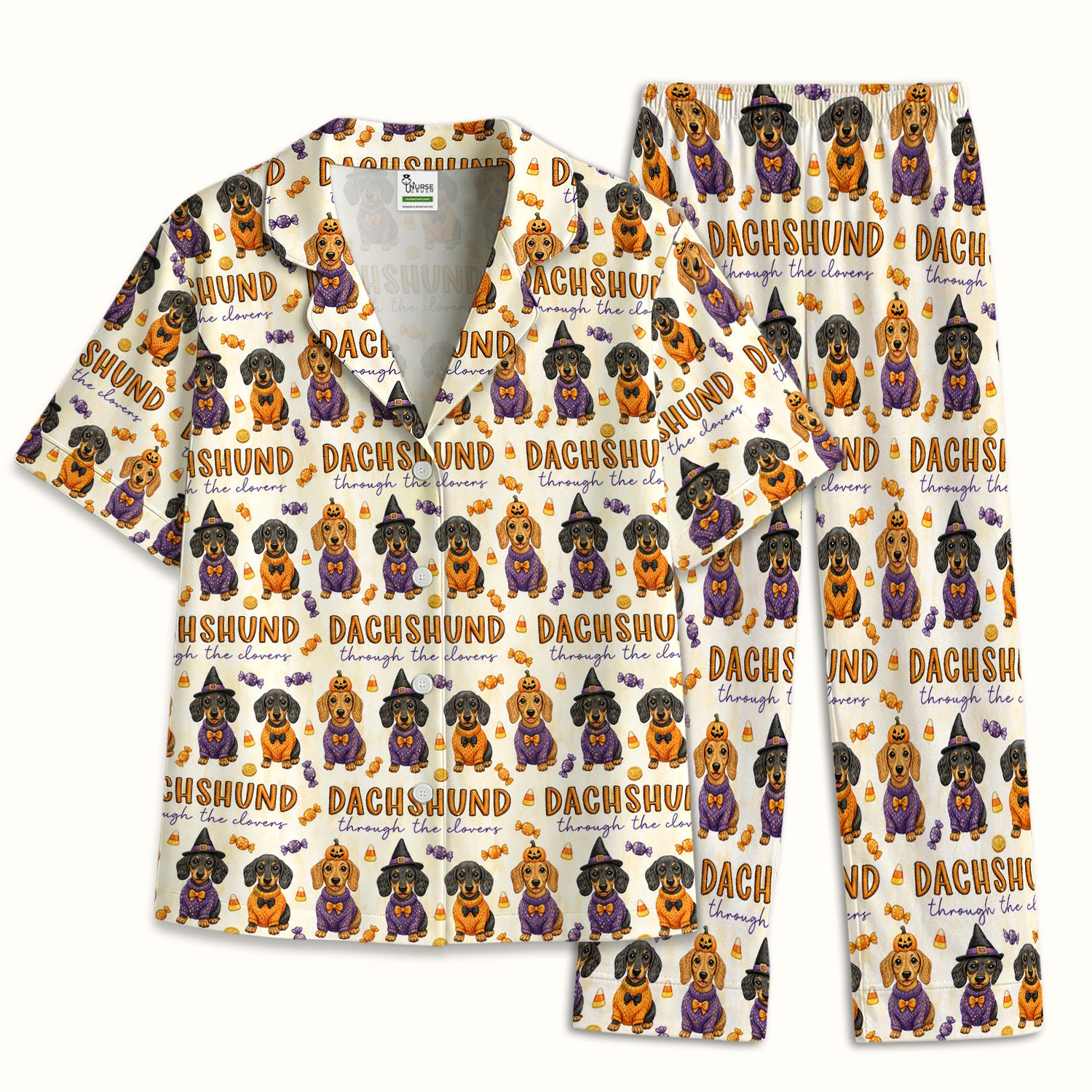 Candy Dachshund Pattern Pajama Set, Soft Breathable Fabric Comfortable Sleepwear