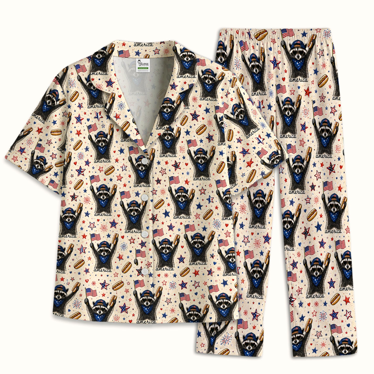 Patriotic Raccoon America Hotdog Pattern Pajama Set, Soft Breathable Fabric Comfortable Sleepwear