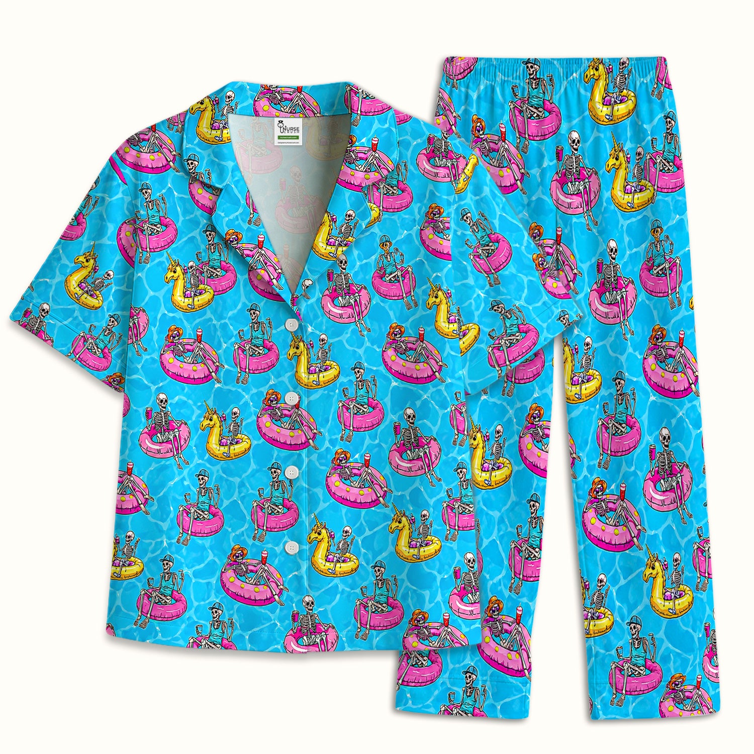 Summerween Skeleton with Pool Float Print Pajama Set, Soft Breathable Fabric Comfortable Sleepwear