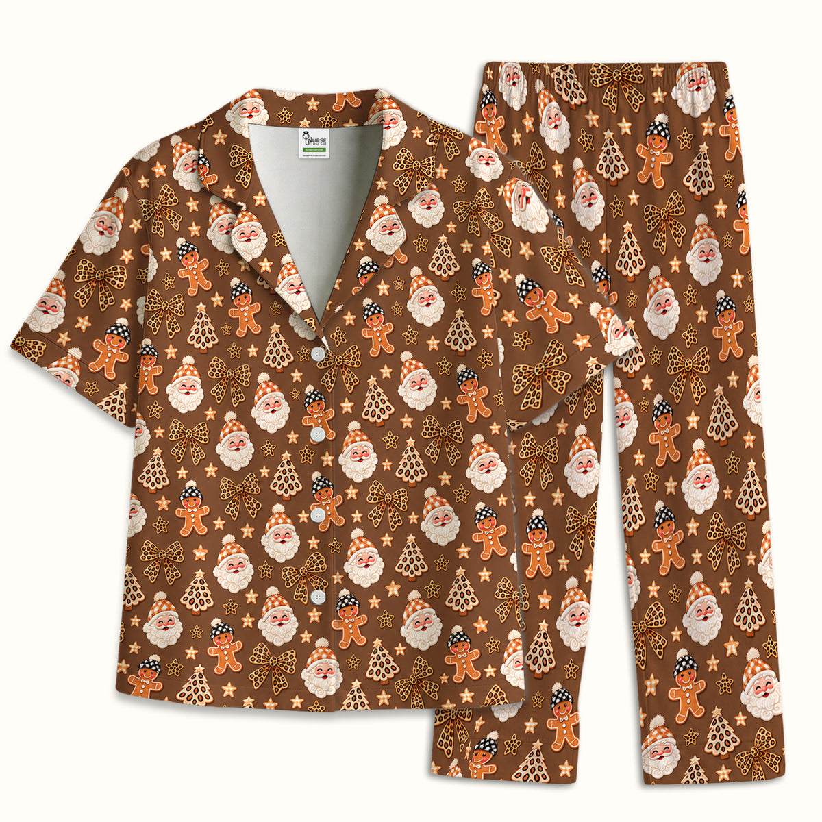 Funny Christmas Cat Baking Biscuits Pattern Pajama Set, Soft Breathable Fabric Comfortable Sleepwear
