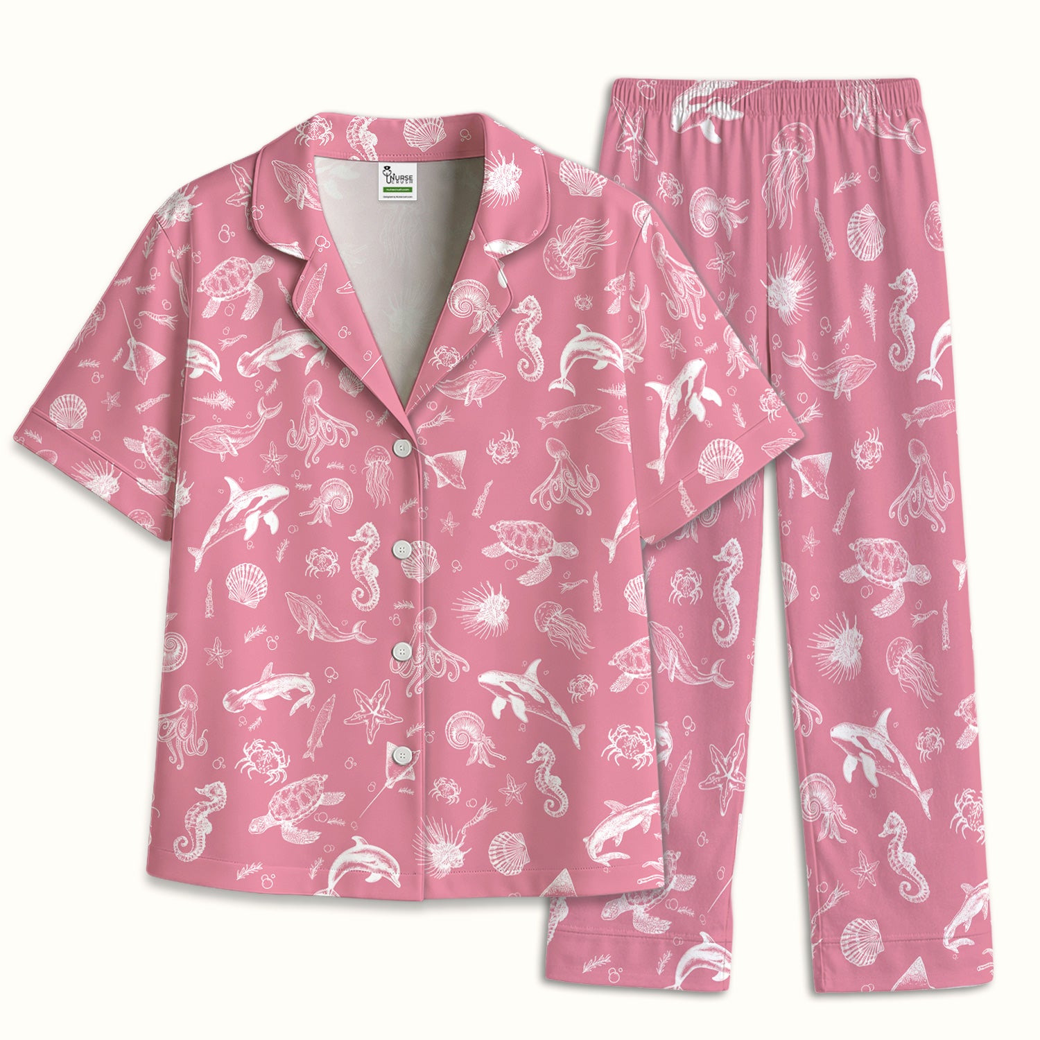 Marine Sea Life Pattern Pajama Set, Breathable Fabrics Uniform