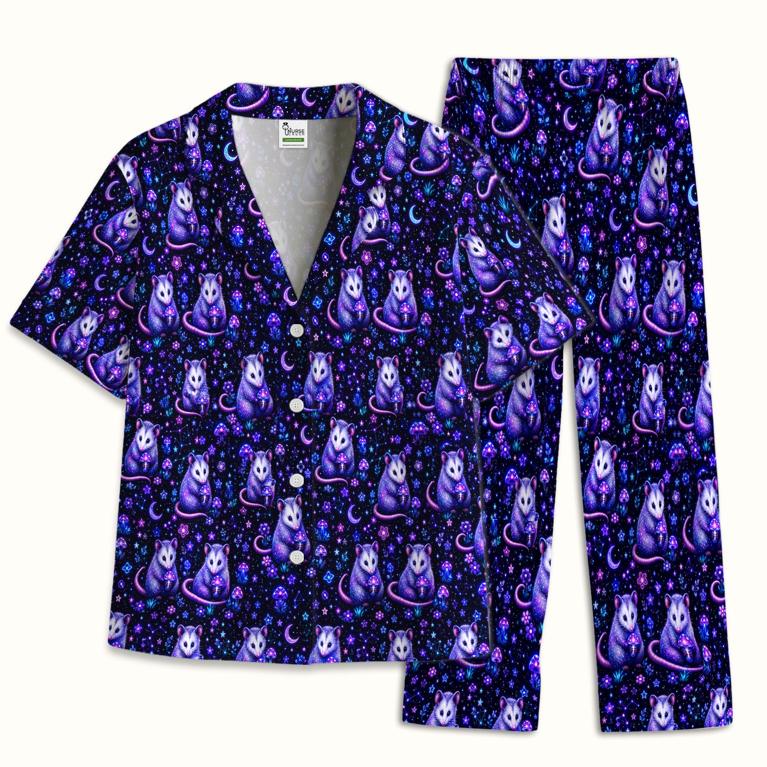 Neon Opossum Mushroom Galaxy Pattern Pajama Set, Soft Breathable Fabric Comfortable Sleepwear