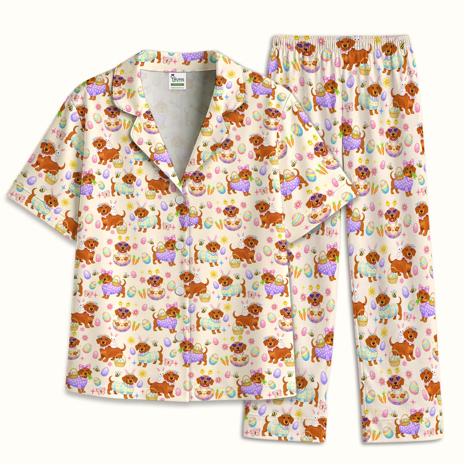 Cute Easter Dachshund Dog Pattern Pajama Set, Breathable Fabrics Uniform