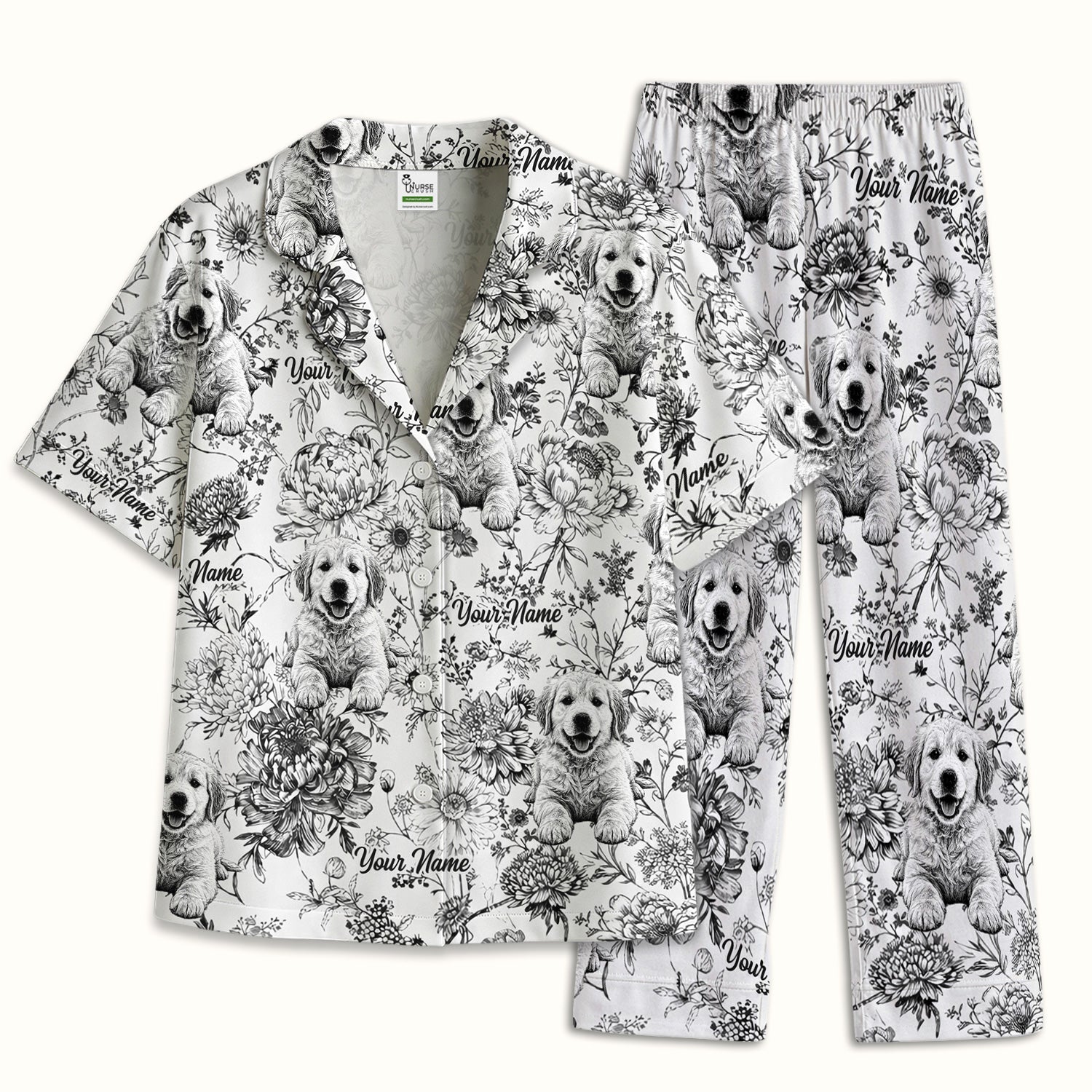 Personalized Custom Pet Photo Name Floral Pattern Pajama Set, Soft Breathable Fabric Comfortable Sleepwear