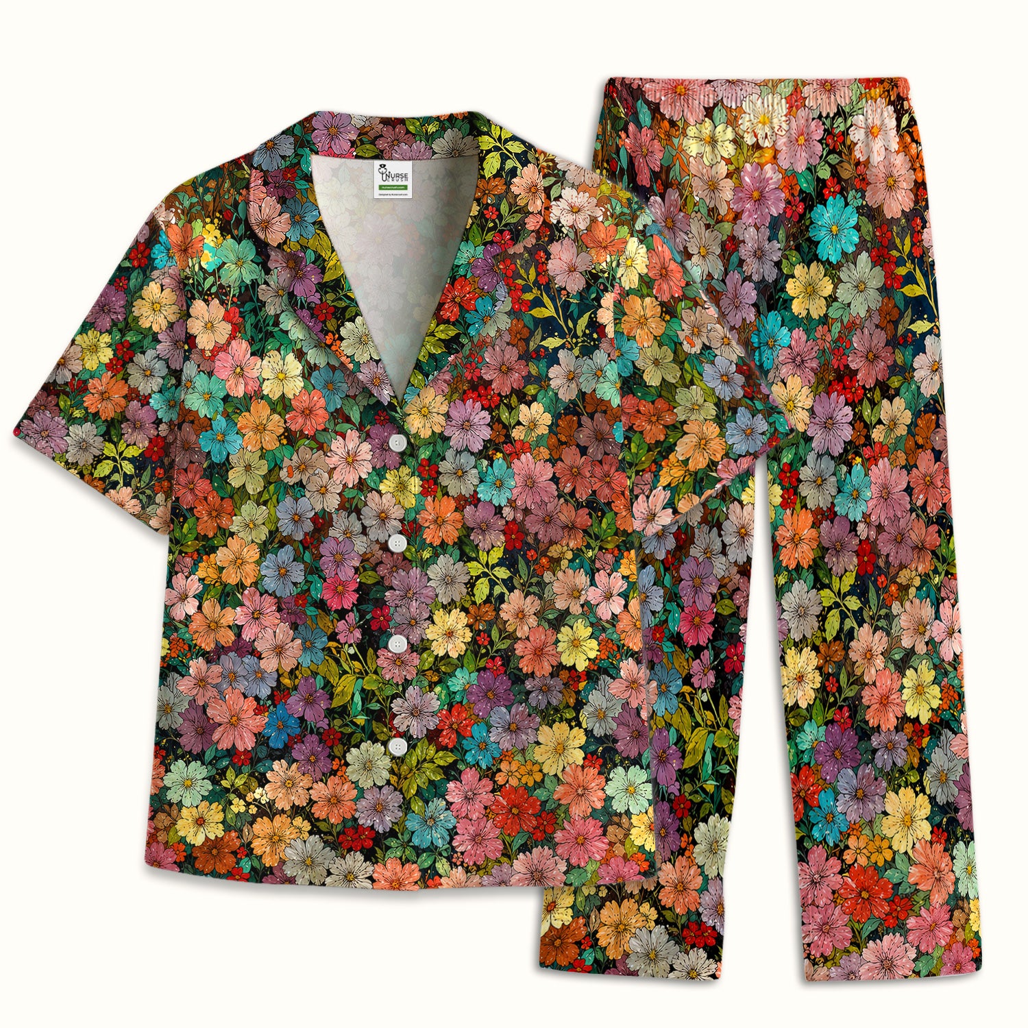 Colorful Wildflower Garden Bloom Pattern Pajama Set, Soft Breathable Fabric Comfortable Sleepwear