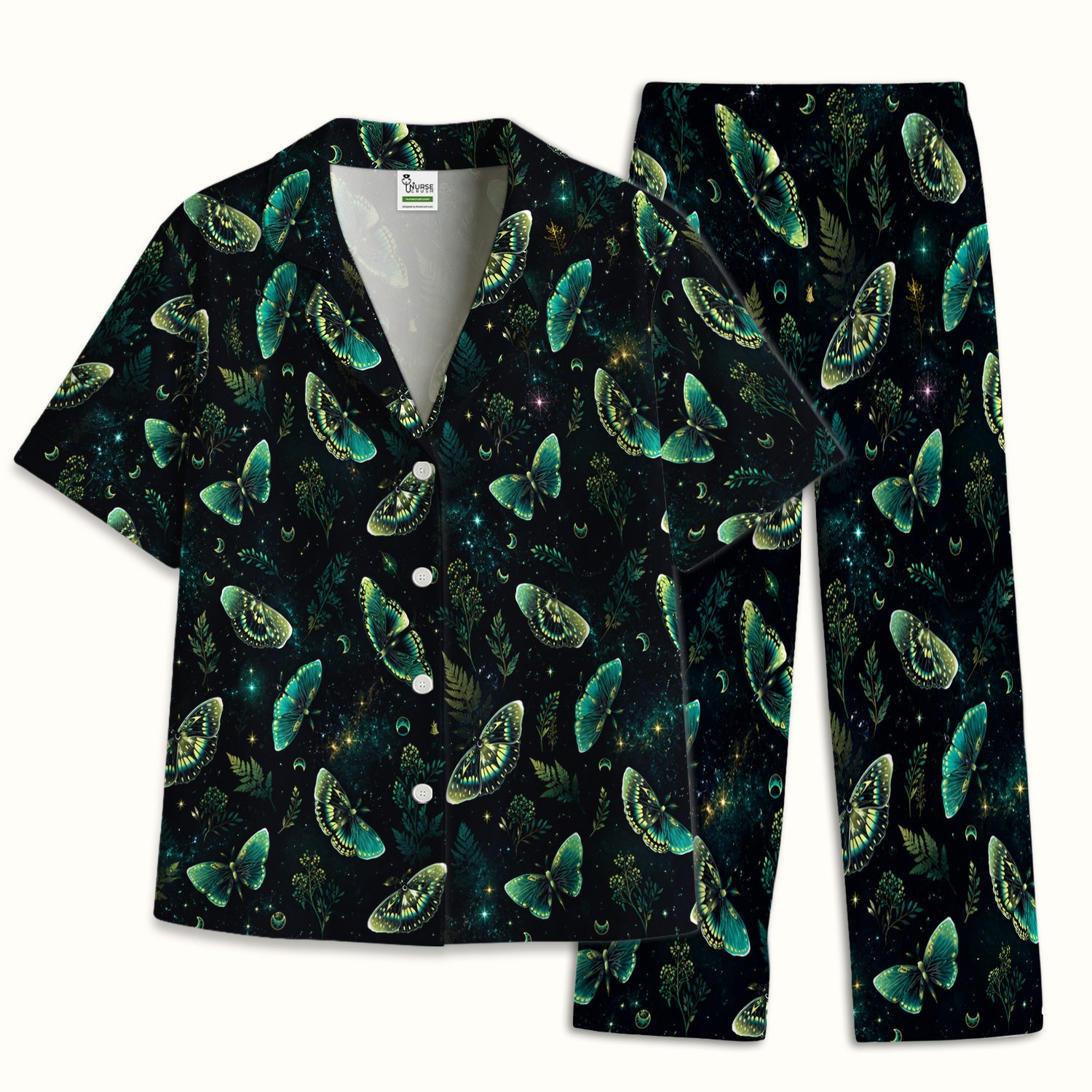 Mystical Moonlight Butterfly Garden Pattern Pajama Set, Soft Breathable Fabric Comfortable Sleepwear