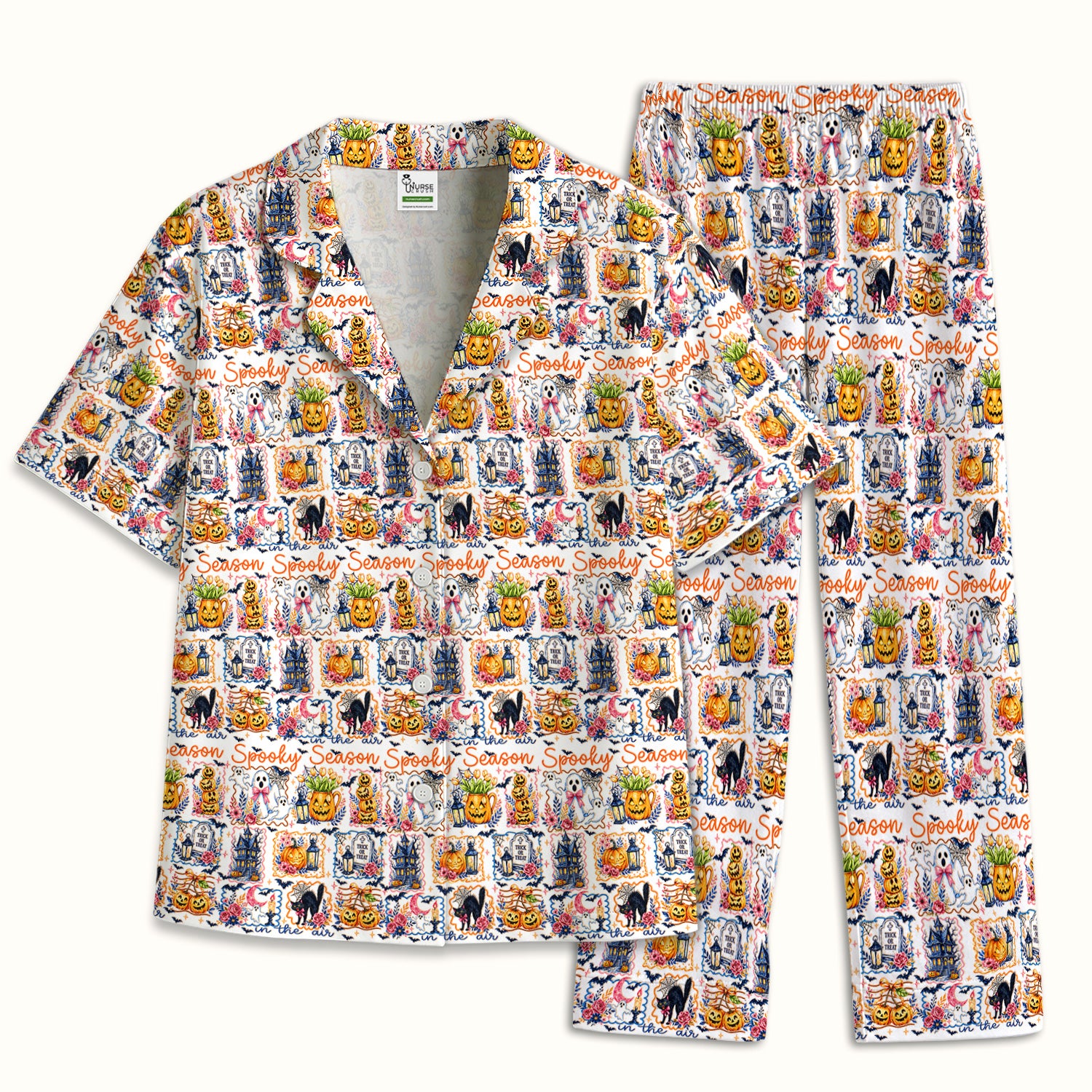 Spooky Halloween Pumpkin Ghost Pattern Pajama Set, Soft Breathable Fabric Comfortable Sleepwear