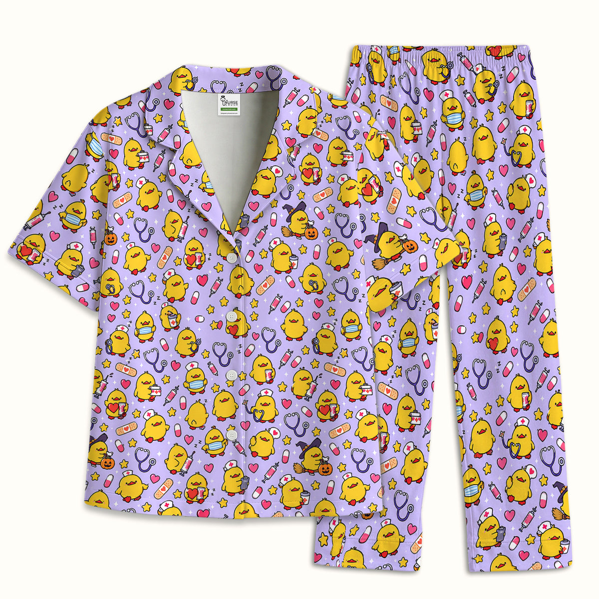 Cute Nurse Chicks And Medical Icons Pajama Set, Soft Breathable Fabric Comfortable Sleepwear