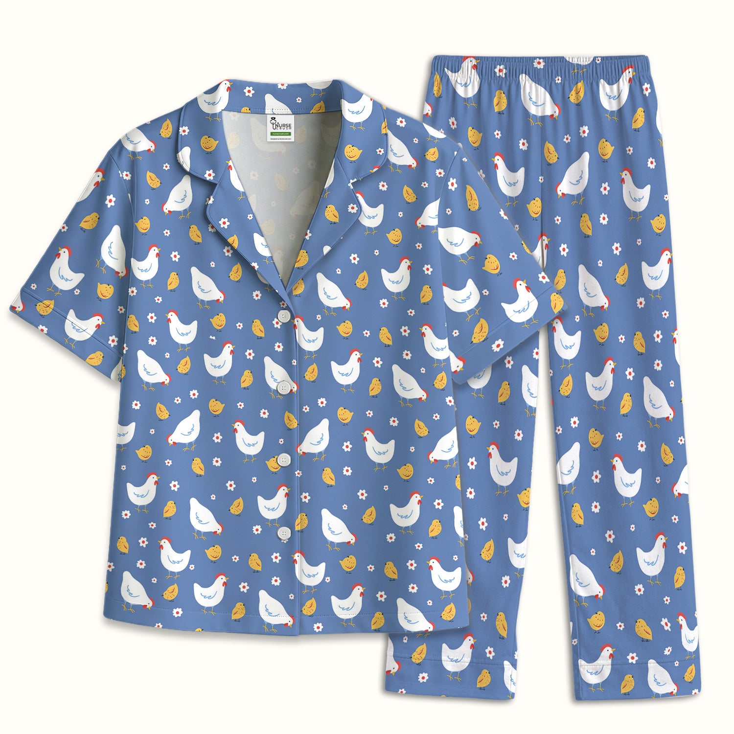 Chicken And Cute Chicks Pattern Pajama Set, Breathable Fabrics Uniform