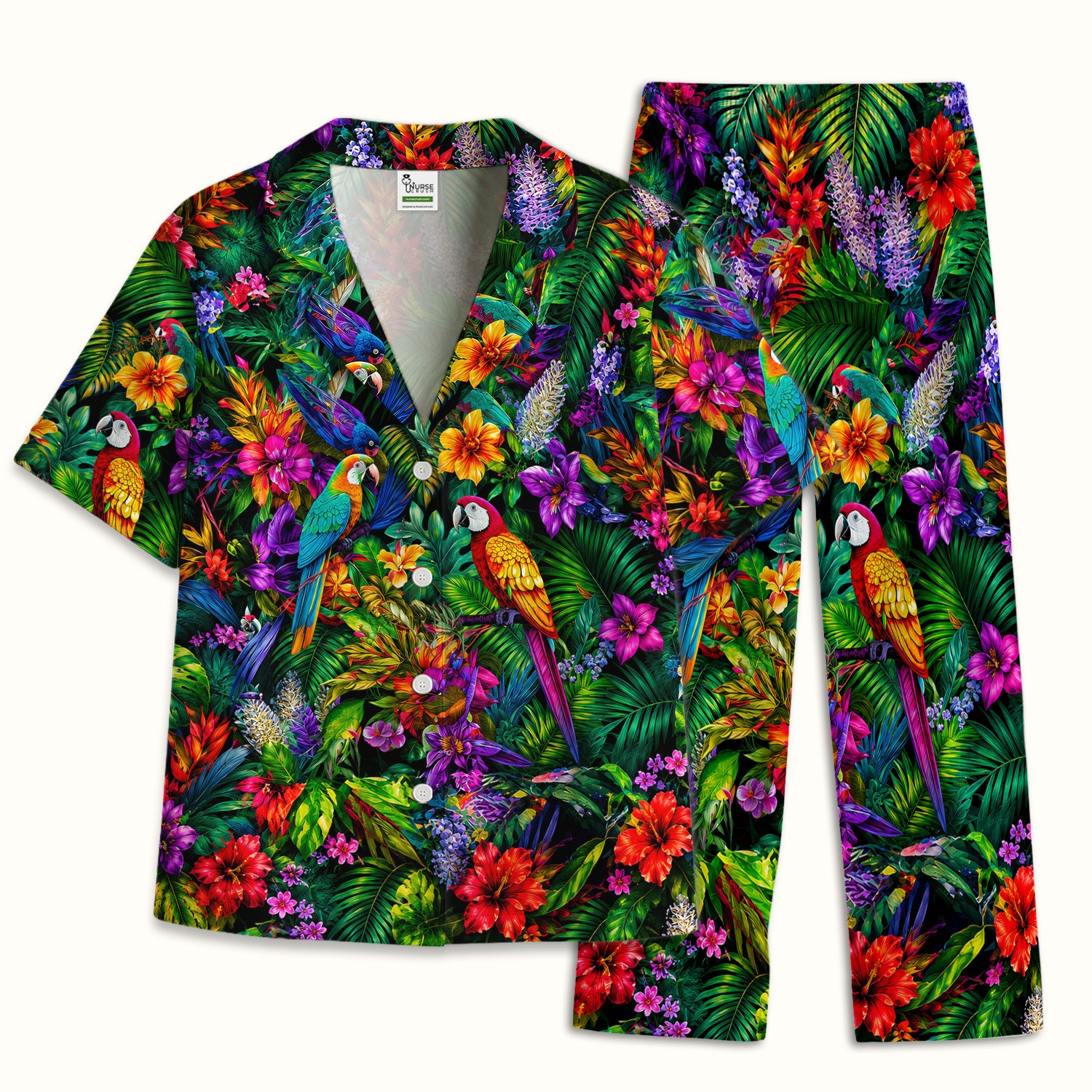 Tropical Parrot Jungle Blossom Pattern Pajama Set, Soft Breathable Fabric Comfortable Sleepwear