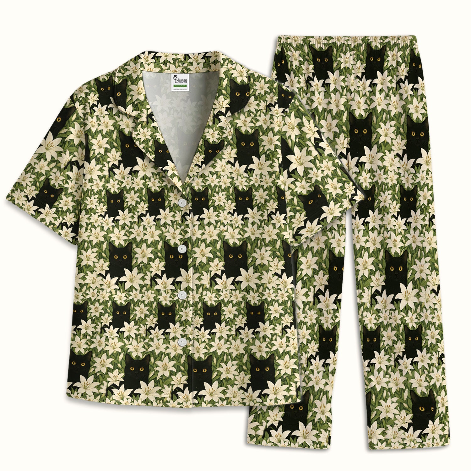 Black Cat Hidden In Lily Garden Pattern Pajama Set,  Breathable Fabrics Uniform
