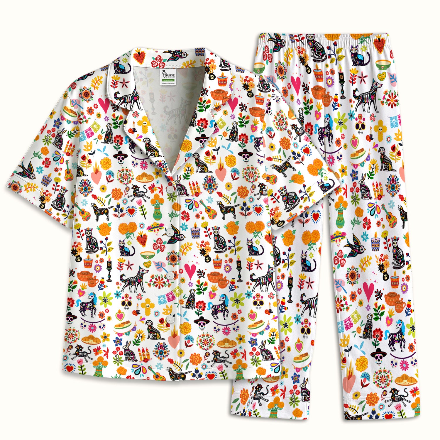Day Of The Dead Sugar Skull Print Pajama Set, Soft Breathable Fabric Comfortable Sleepwear
