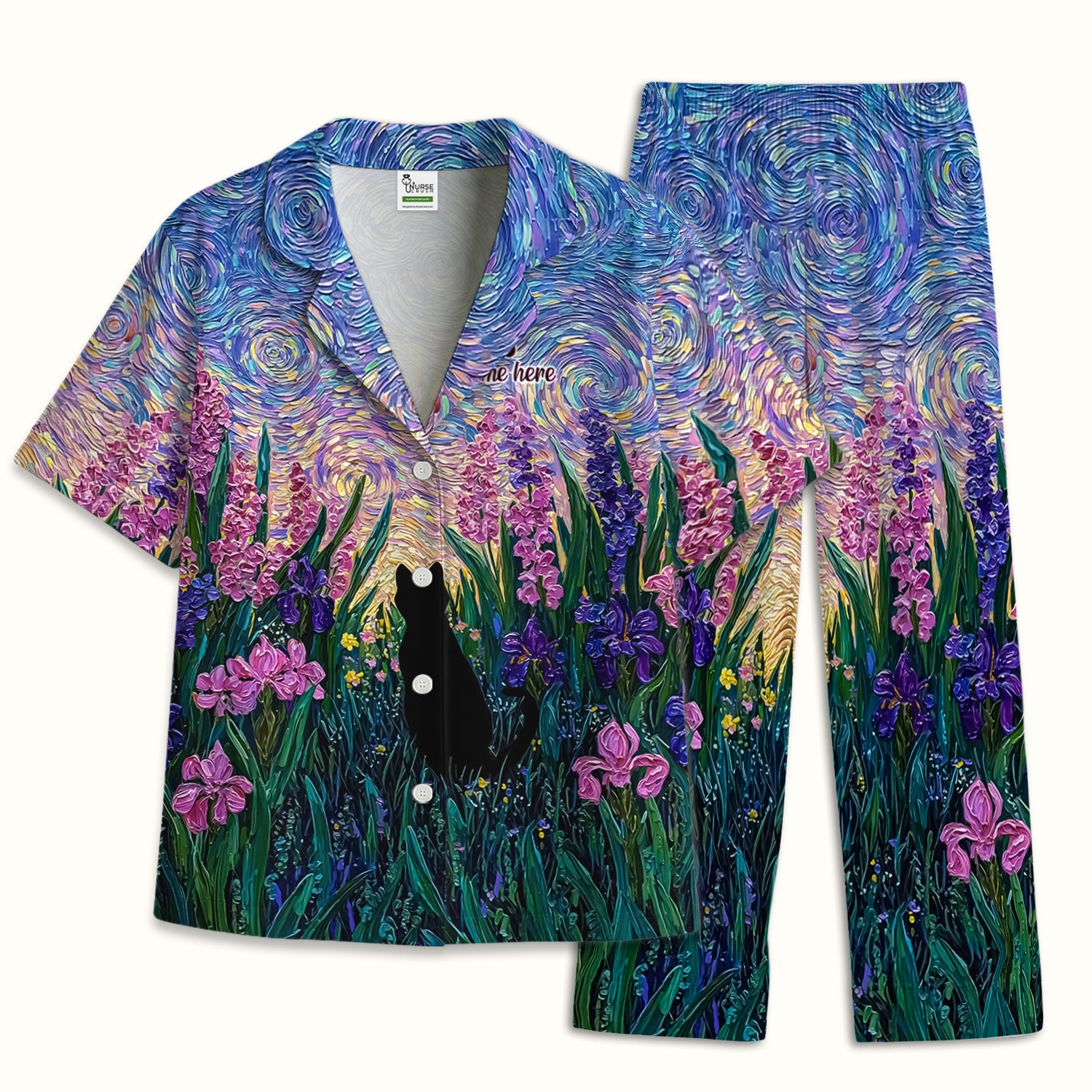 Cat Under Starry Sky Pattern Pajama Set, Breathable Fabrics Uniform