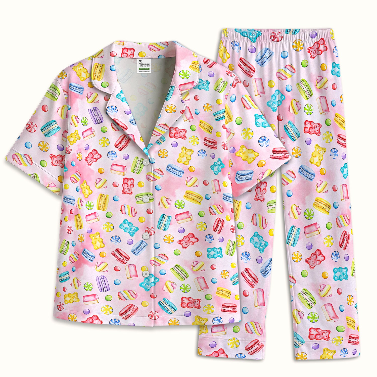 Cute Candy and Macaron Pattern Pajama Set,  Breathable Fabrics Uniform