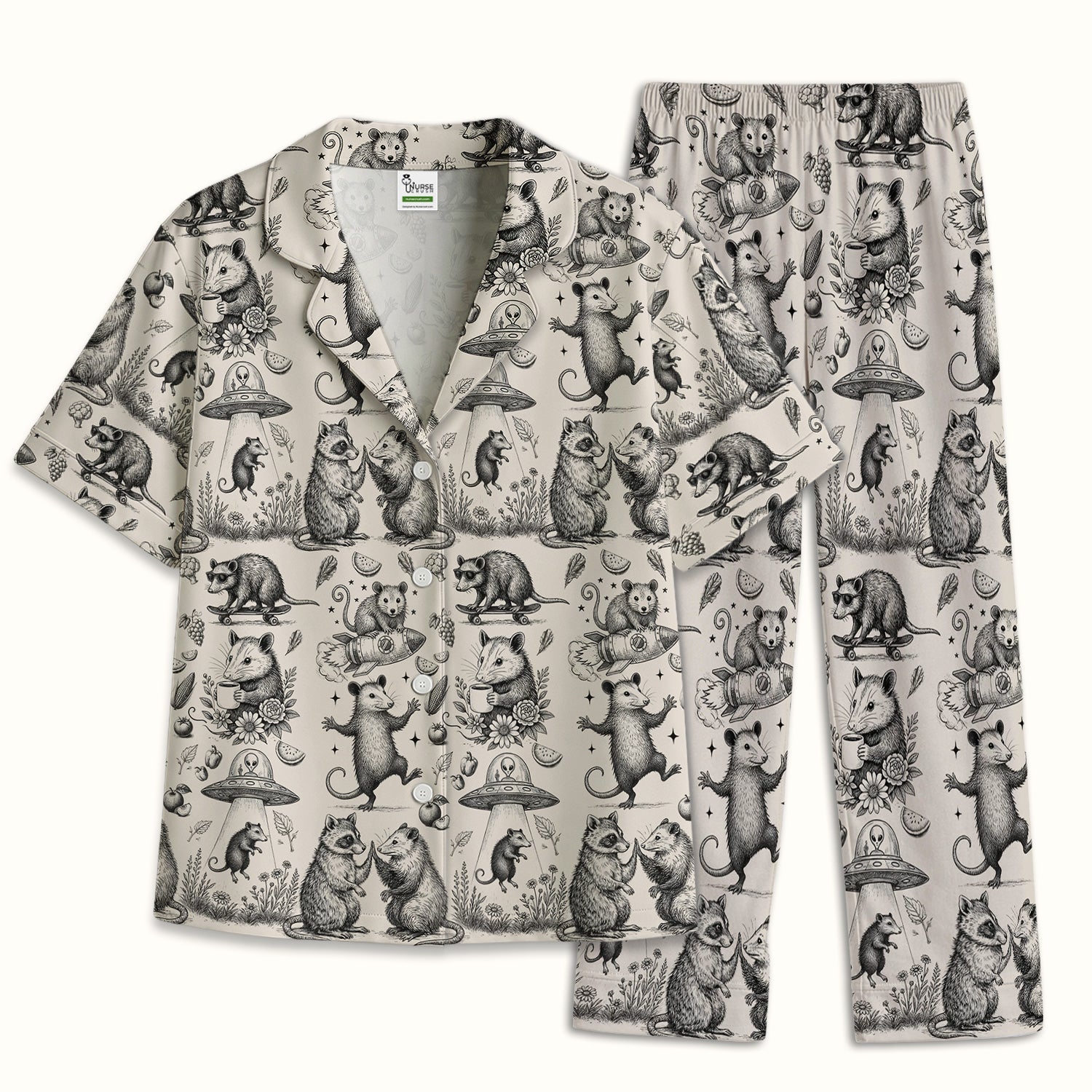 Funny Nurse Vintage Possum Raccoon High Five UFO Pattern Pajama Set, Breathable Fabrics Uniform