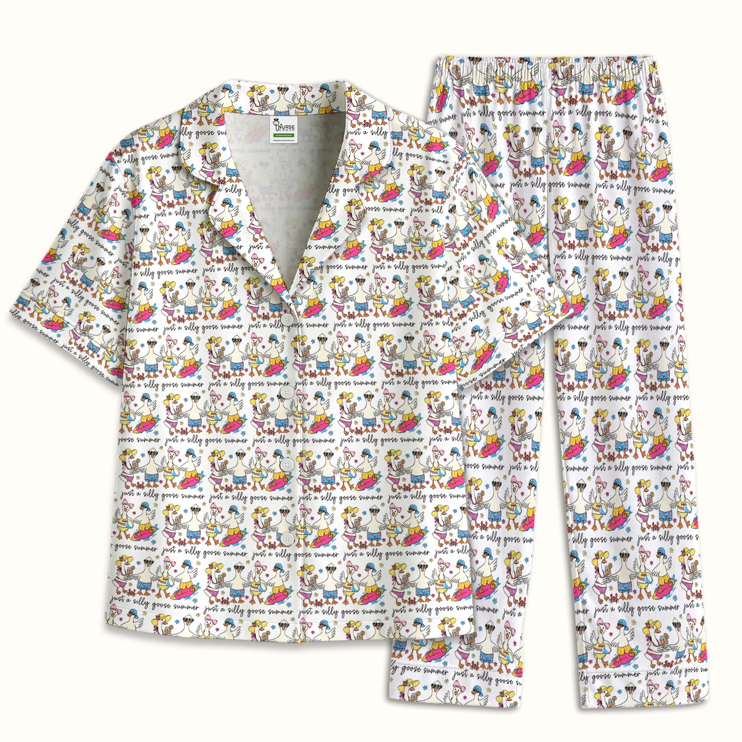 Funny Goose Summer Beach Pattern Pajama Set, Soft Breathable Fabric Comfortable Sleepwear