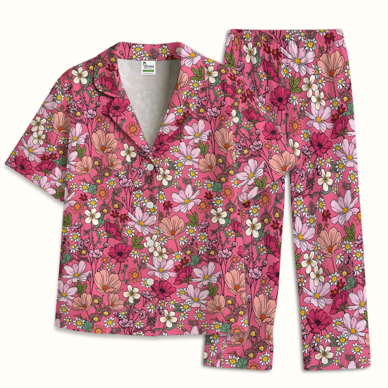 Pink Daisy Wildflower Nurse Pattern Pajama Set, Soft Breathable Fabric Comfortable Sleepwear