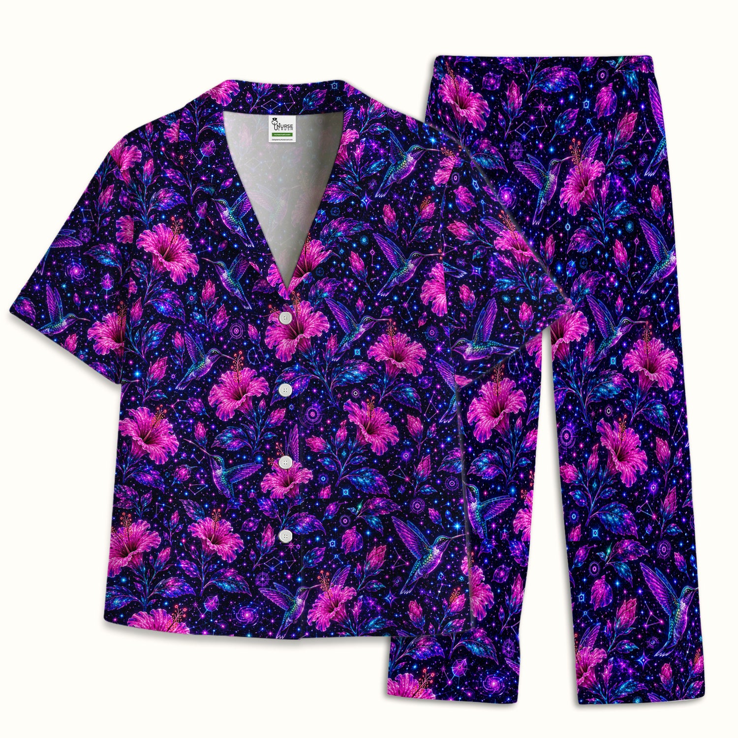 Galaxy Floral Hummingbird Nurse Pattern Pajama Set, Soft Breathable Fabric Comfortable Sleepwear