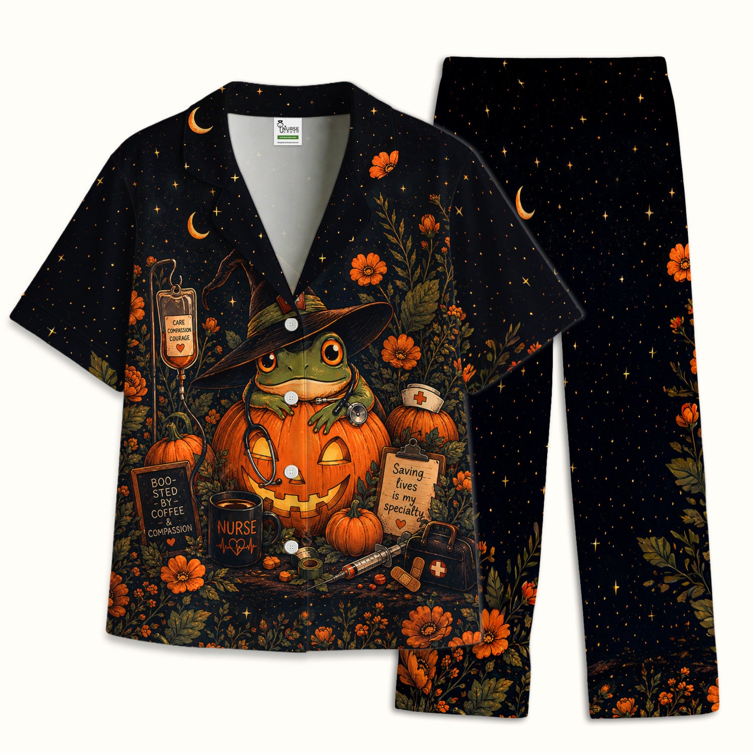 Halloween Witch Frog Pumpkin Pajama Set, Soft Breathable Fabric Comfortable Sleepwear