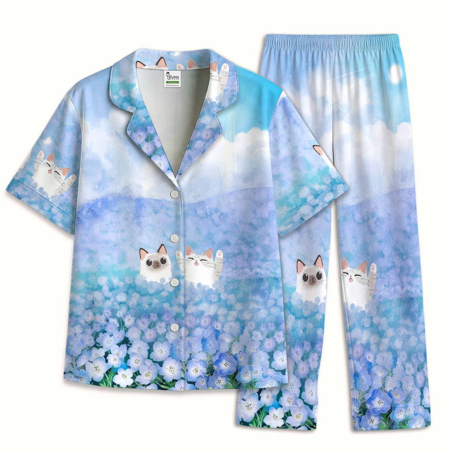 Dreamy Cat Cloud Hydrangea Sky Pattern Pajama Set, Soft Breathable Fabric Comfortable Sleepwear