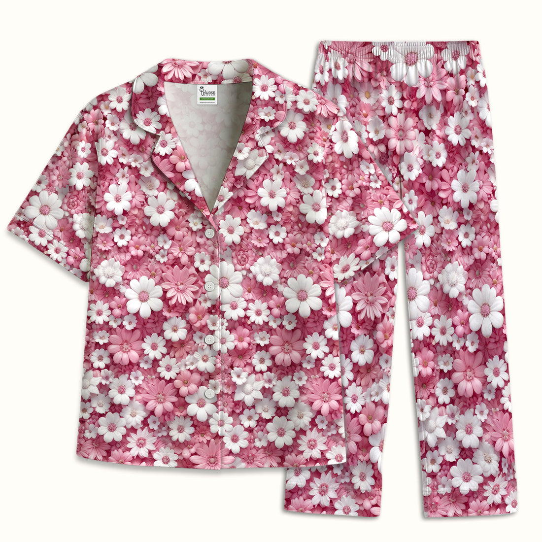 Cute Daisy Flower Bloom Pattern Pajama Set, Soft Breathable Fabric Comfortable Sleepwear