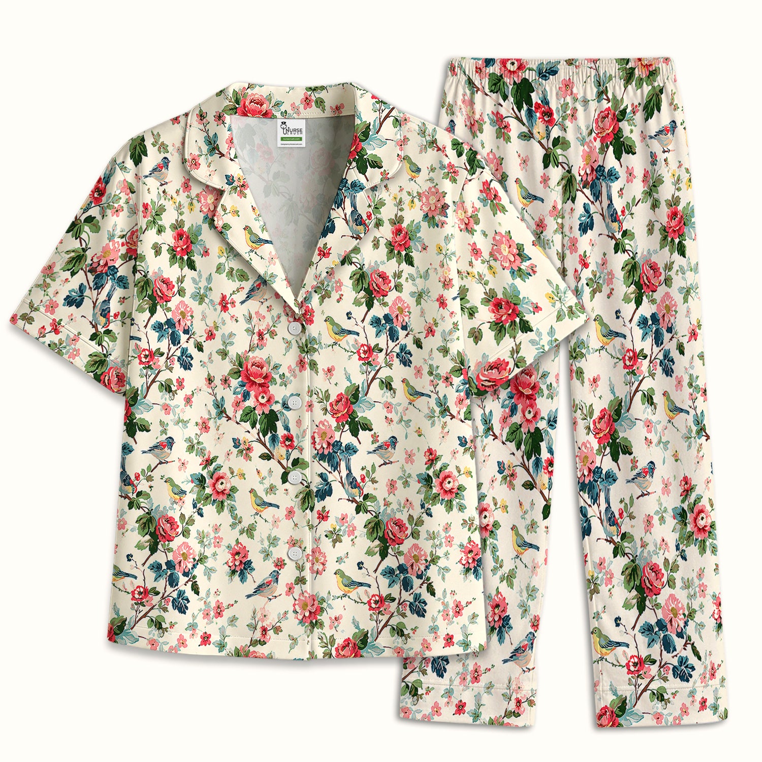 Songbird Rose Garden Pattern Pajama Set, Soft Breathable Fabric Comfortable Sleepwear