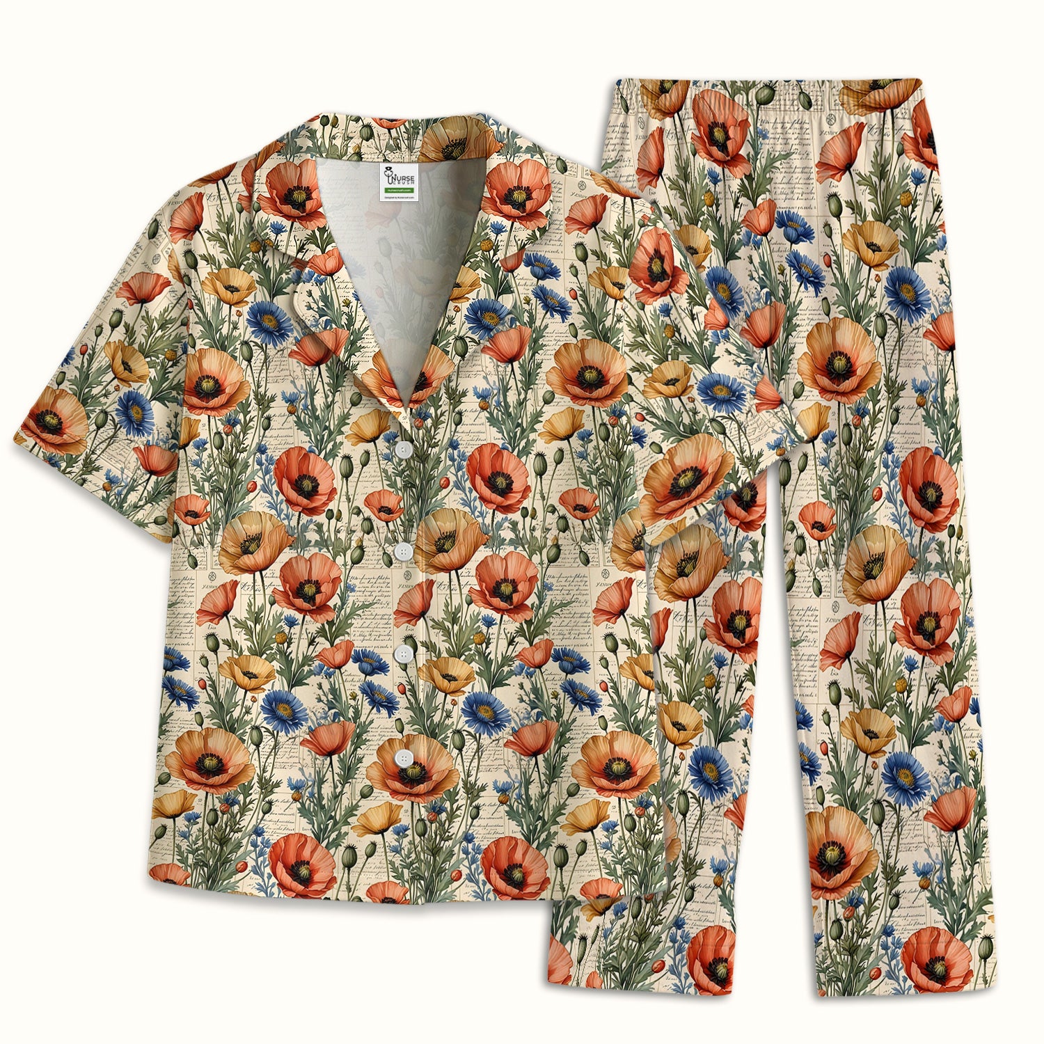 Vintage Poppy Wildflower Script Print Pajama Set, Soft Breathable Fabric Comfortable Sleepwear