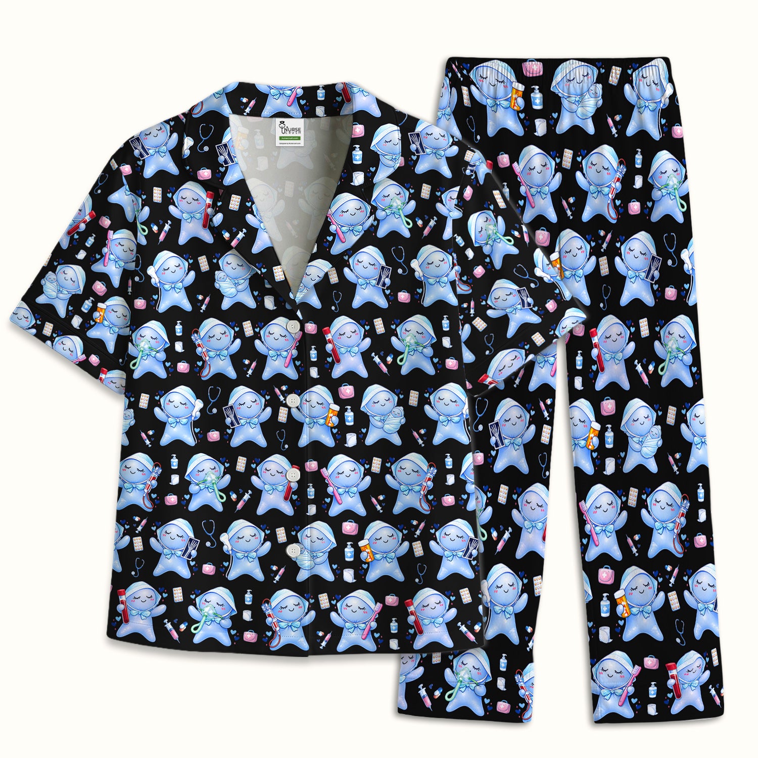 Cute Tooth Character Dental Tools Caring Pattern Pajama Set, Breathable Fabrics Uniform