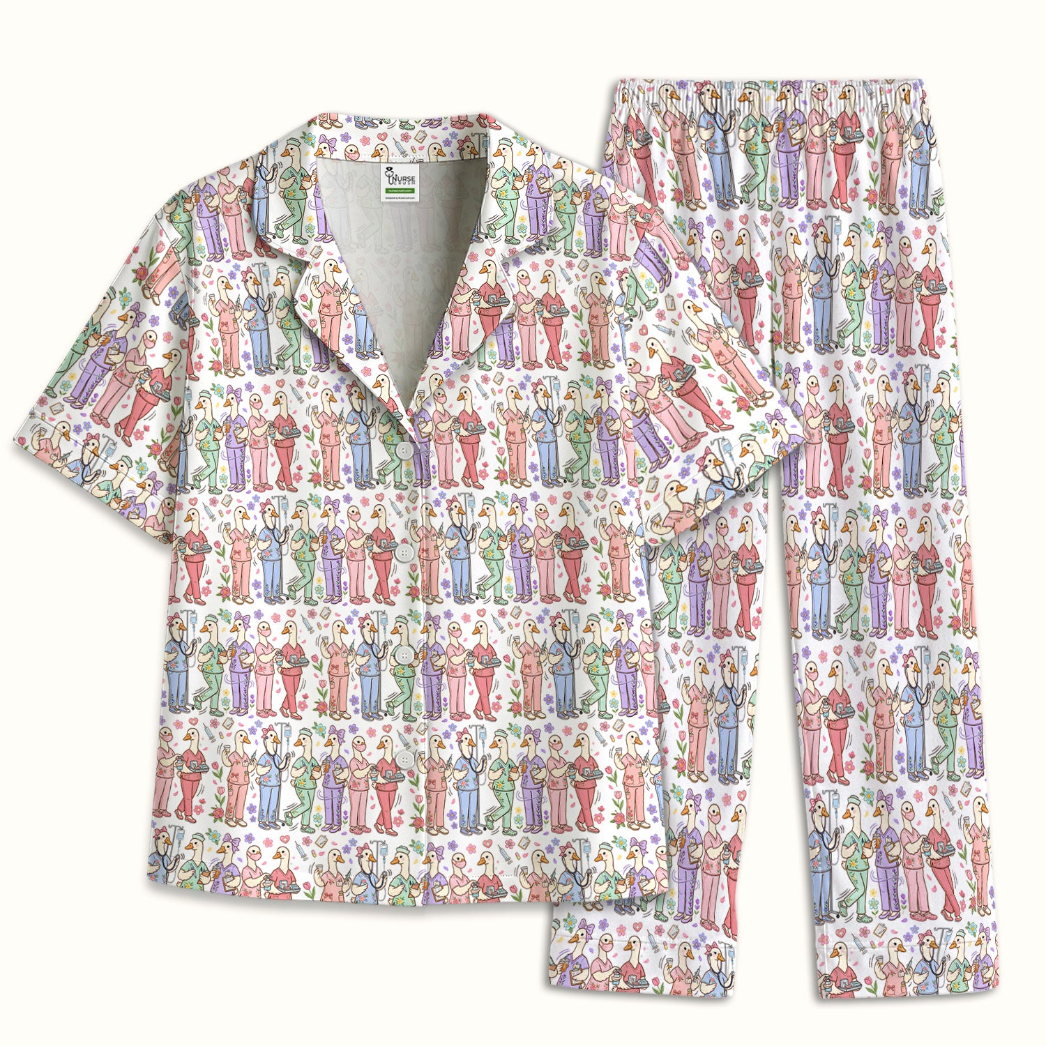 Goose Characters Floral Medical Team Uniform Pattern Pajama Set, Breathable Fabrics Uniform