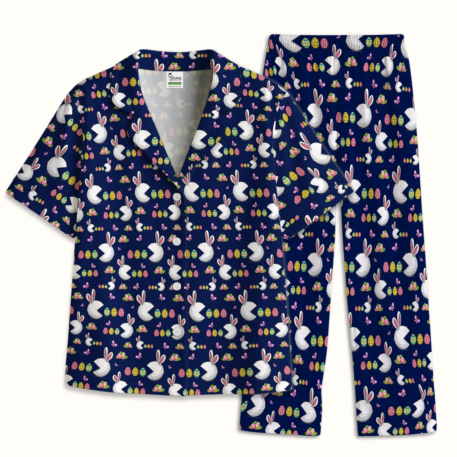 Easter Bunny and Colorful Eggs Print  Pajama Set, Breathable Fabrics Uniform