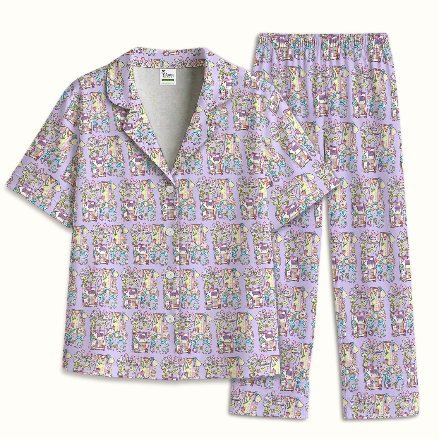 Colorful Nurse Scrub Supplies Pattern Pajama Set, Breathable Fabrics Uniform