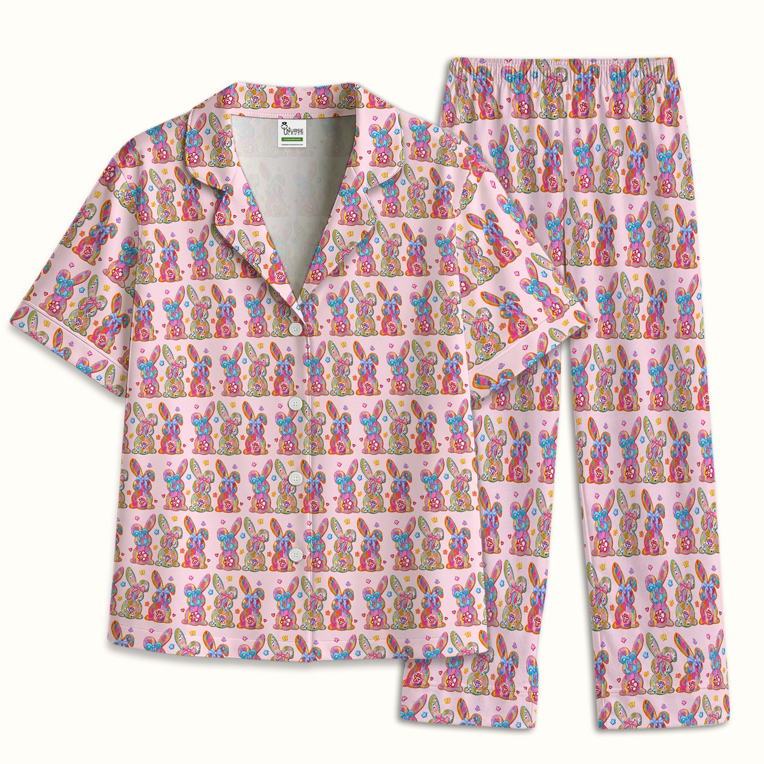 Cute Pastel Bunny Floral Pattern Pajama Set, Breathable Fabrics Uniform