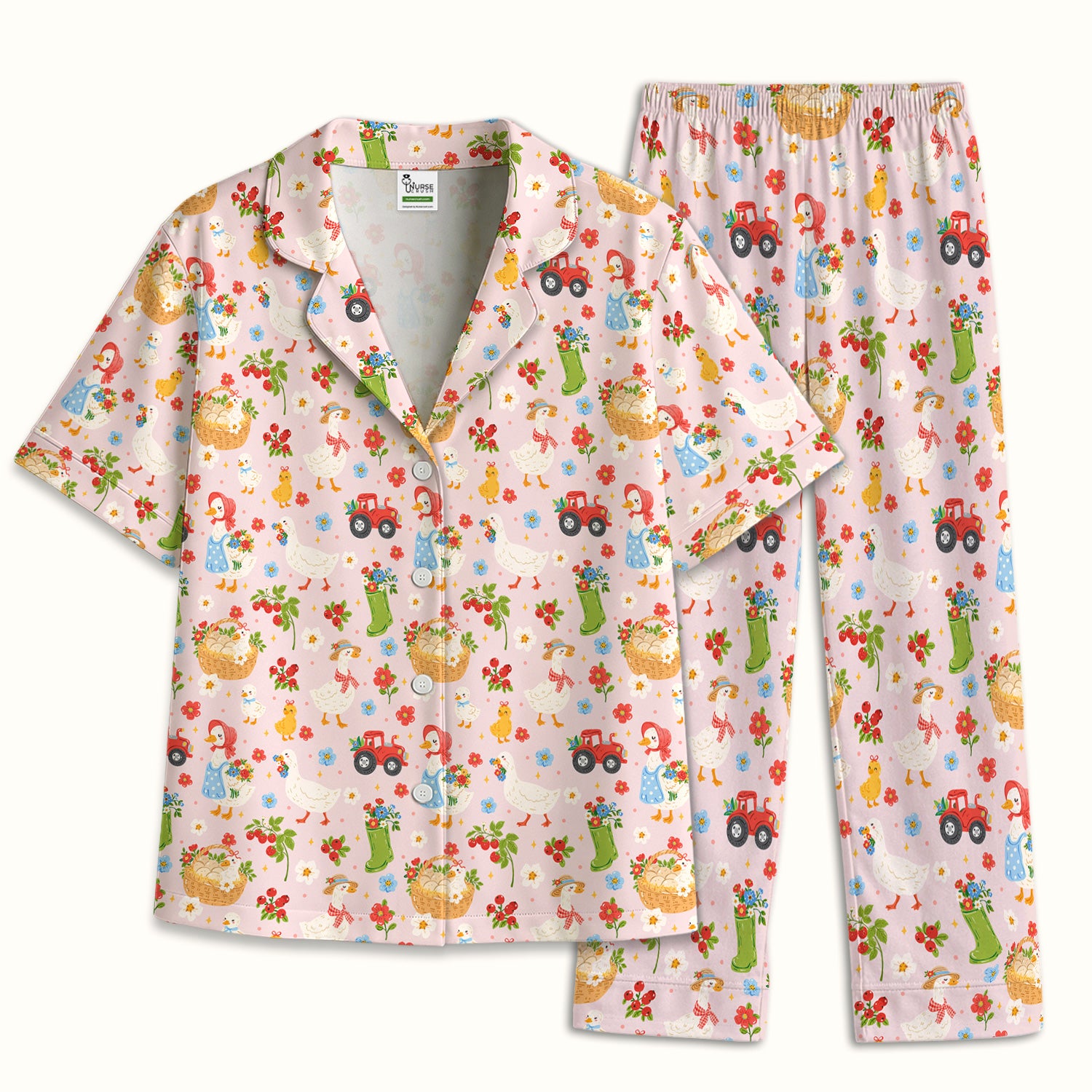 Farm Duck Chicken Tractor Flower Basket Pajama Set, Breathable Fabrics Uniform