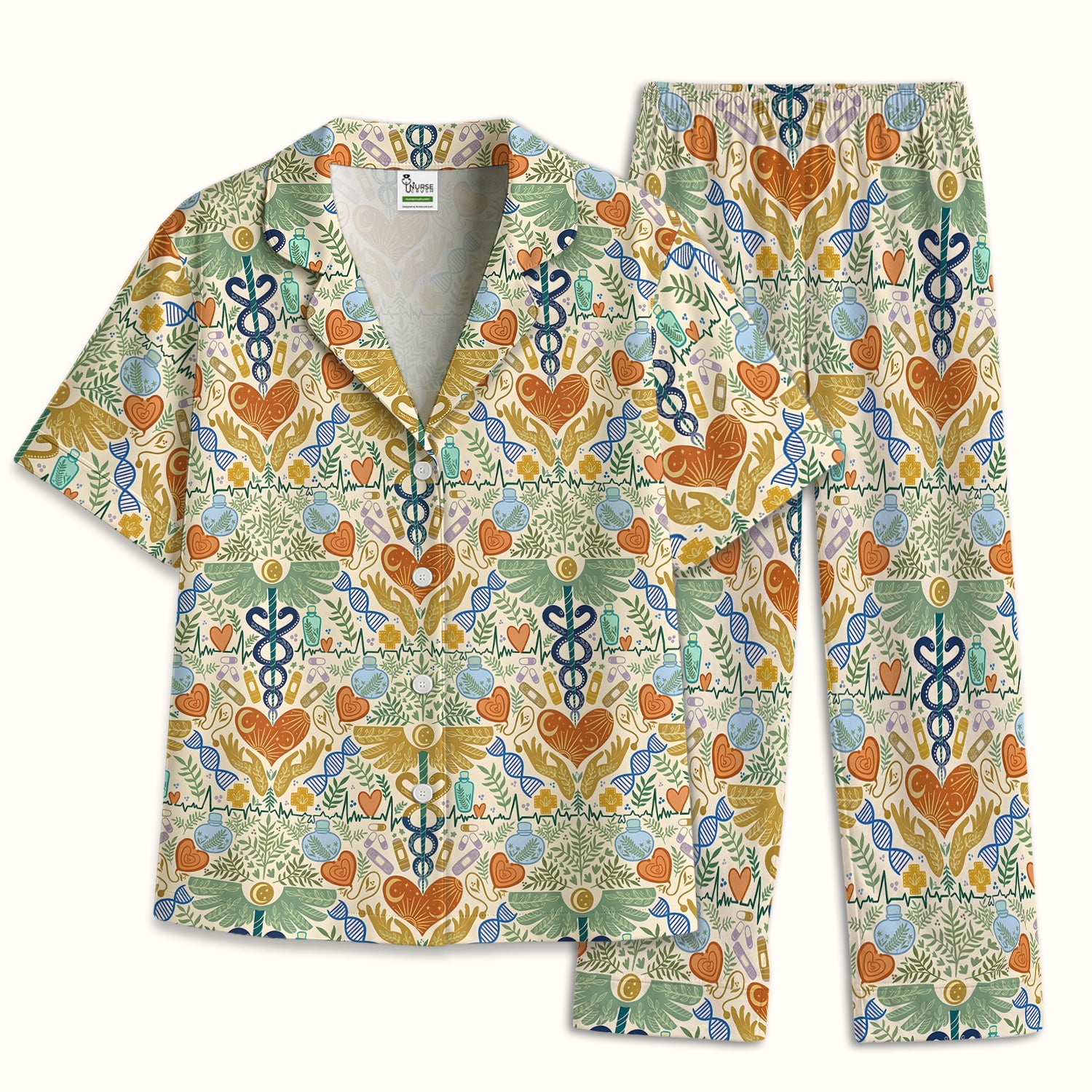 Inspirational Botanical Medical Caduceus Heart Nurse Pattern Pajama Set, Breathable Fabrics Uniform