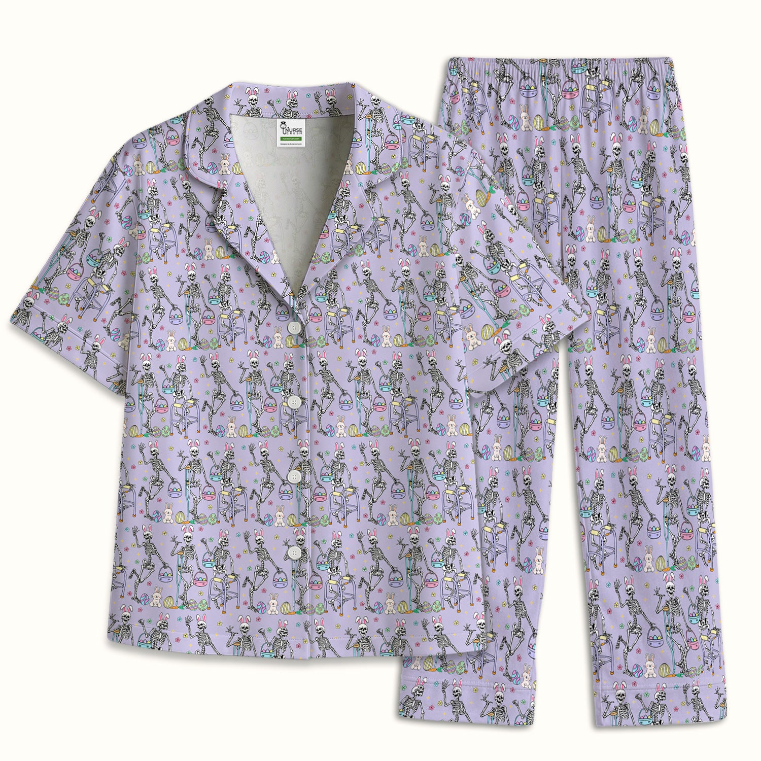 Fun Skeleton Bunny Easter Print Pajama Set, Breathable Fabrics Uniform