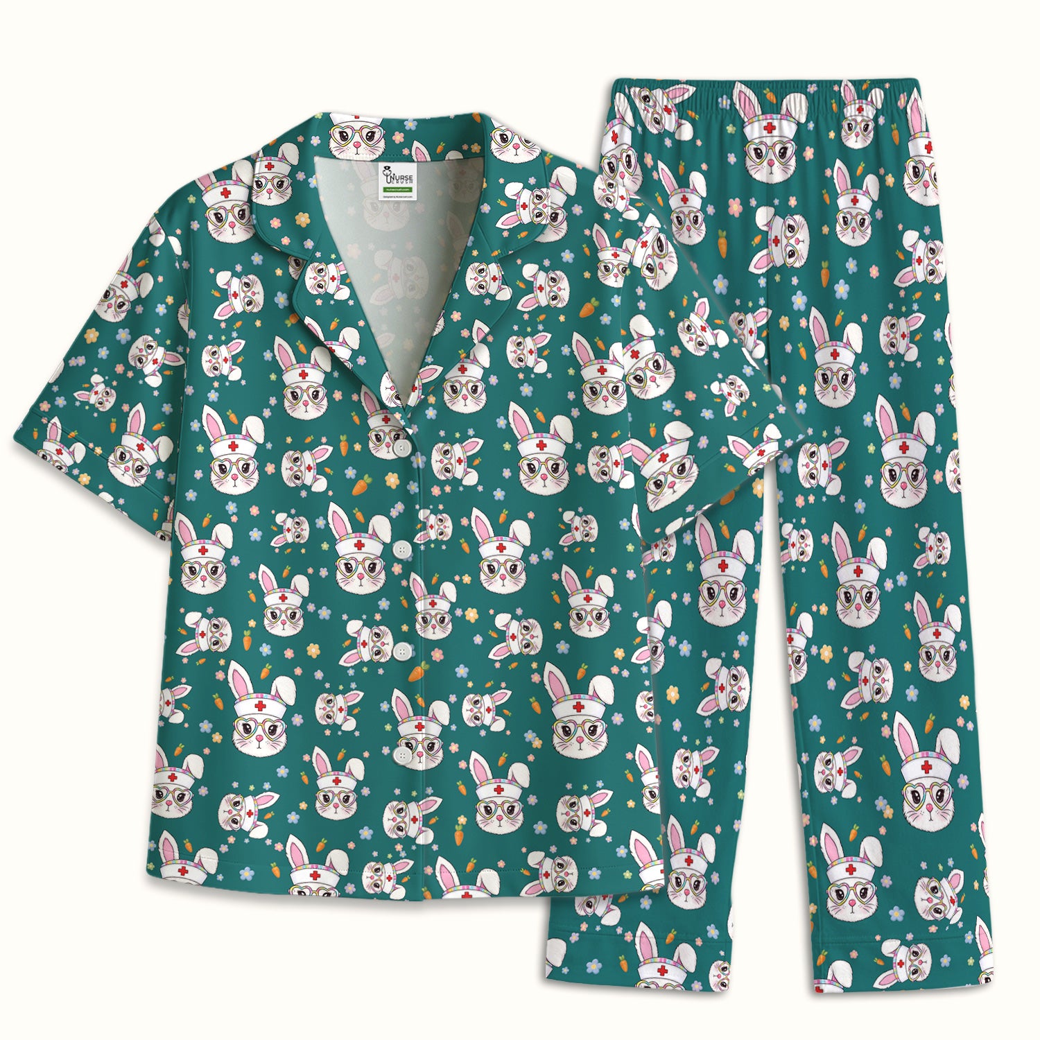 Cute Easter Bunny Nurse Pattern Pajama Set, Soft Breathable Fabric Comfortable Sleepwear