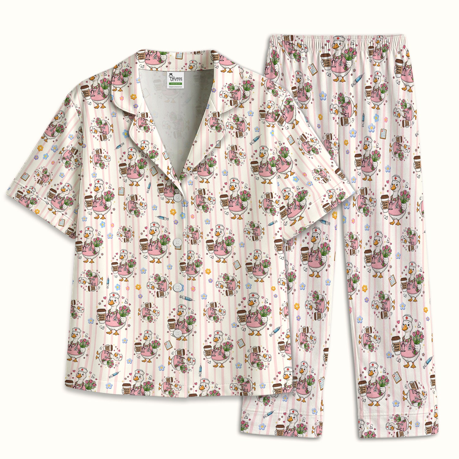Cartoon Nurse Goose Pattern Pajama Set, Soft Breathable Fabric Comfortable Sleepwear