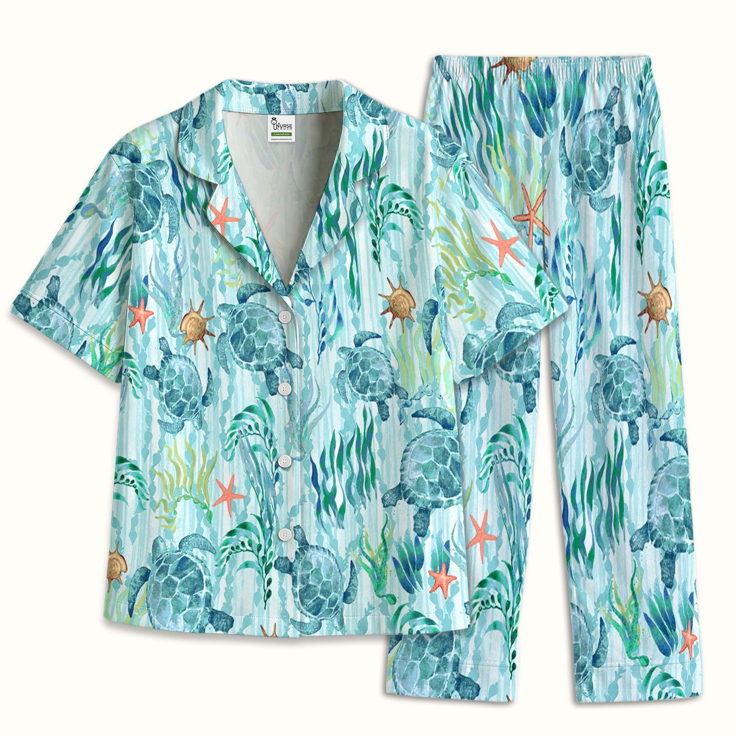 Sea Turtle Ocean Watercolor Print Pajama Set, Soft Breathable Fabric Comfortable Sleepwear