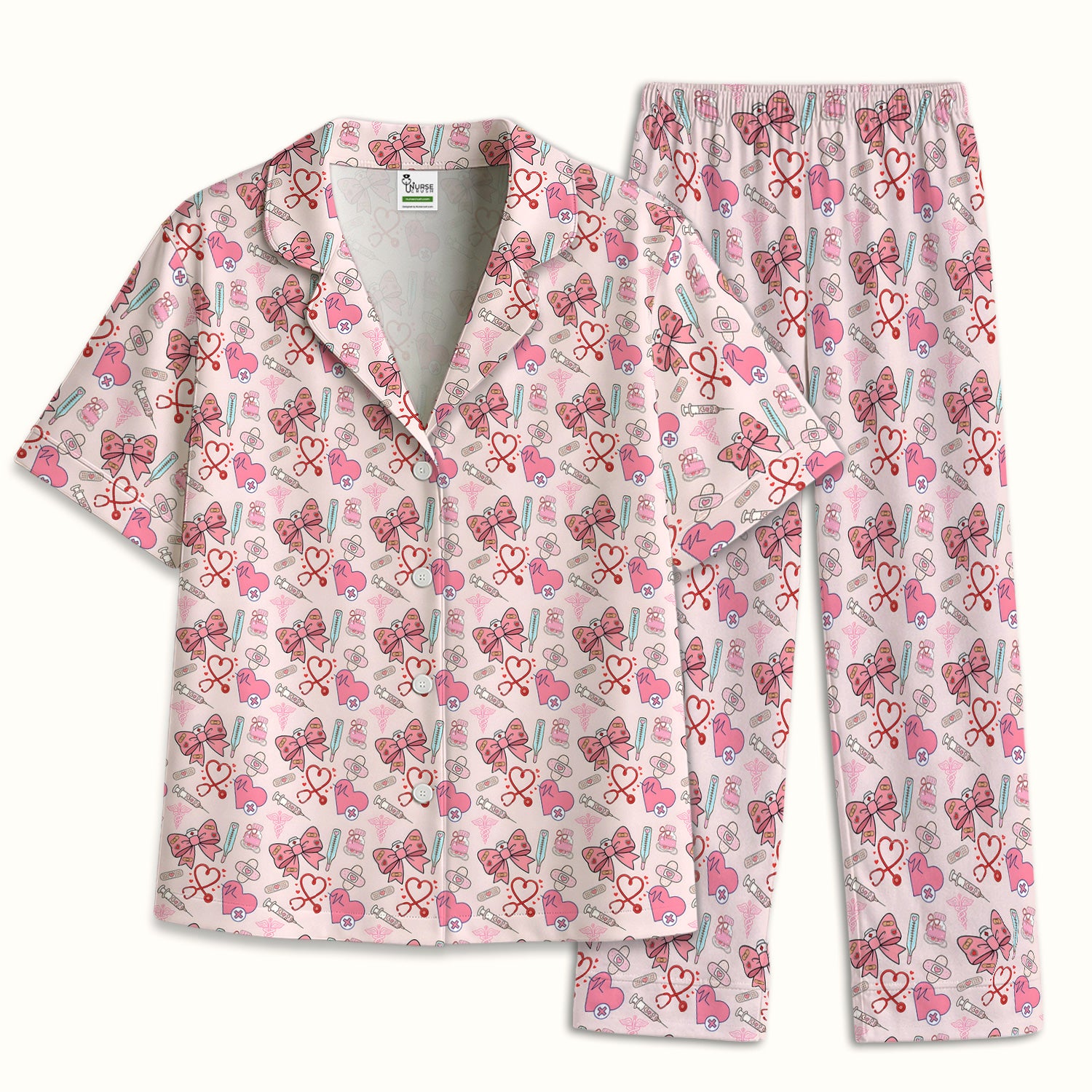 Pink Nurse Bow Heart Print Pajama Set, Soft Breathable Fabric Comfortable Sleepwear