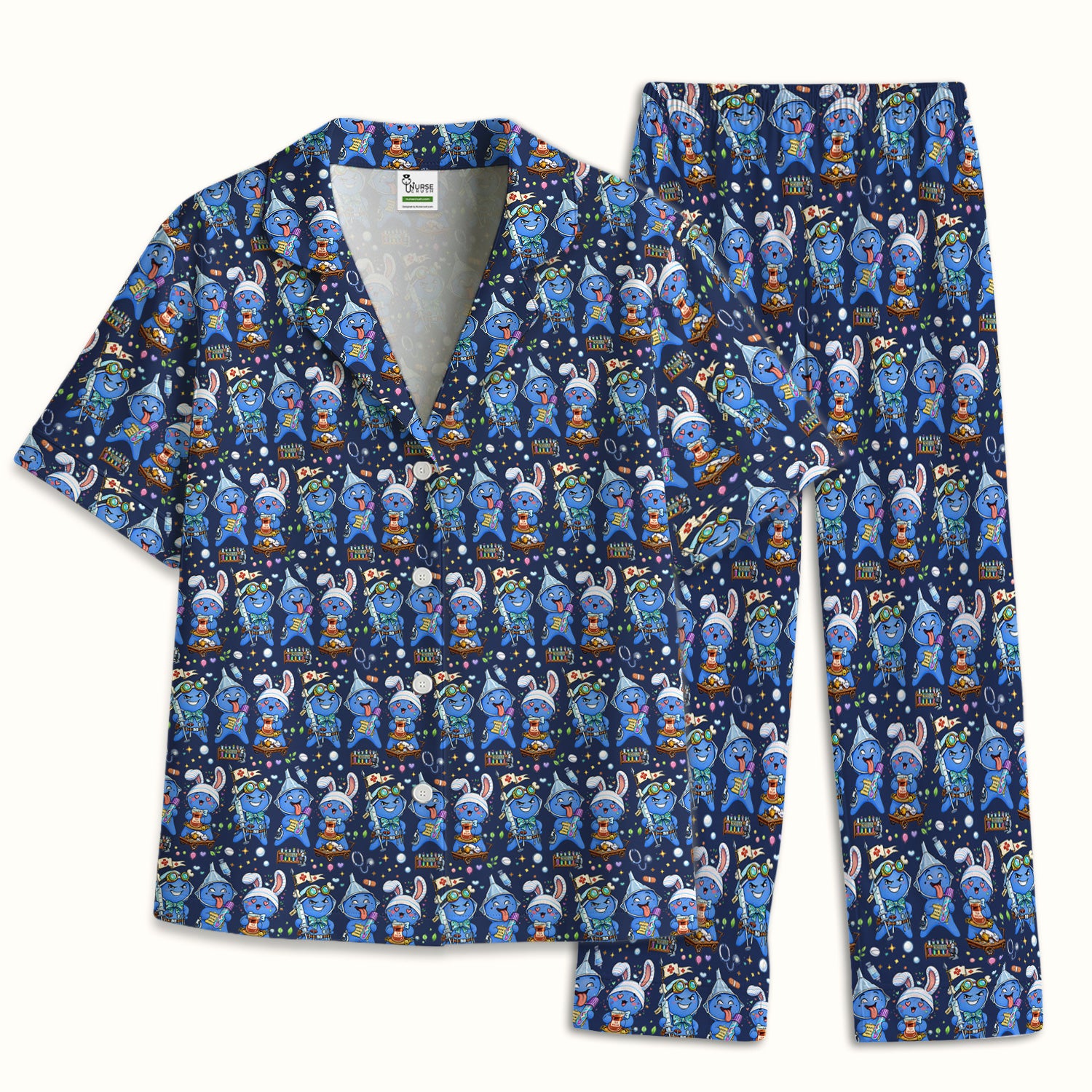 Cute Glove Doll Hospital Medical Cartoon Nurse Pattern Pajama Set, Breathable Fabrics Uniform