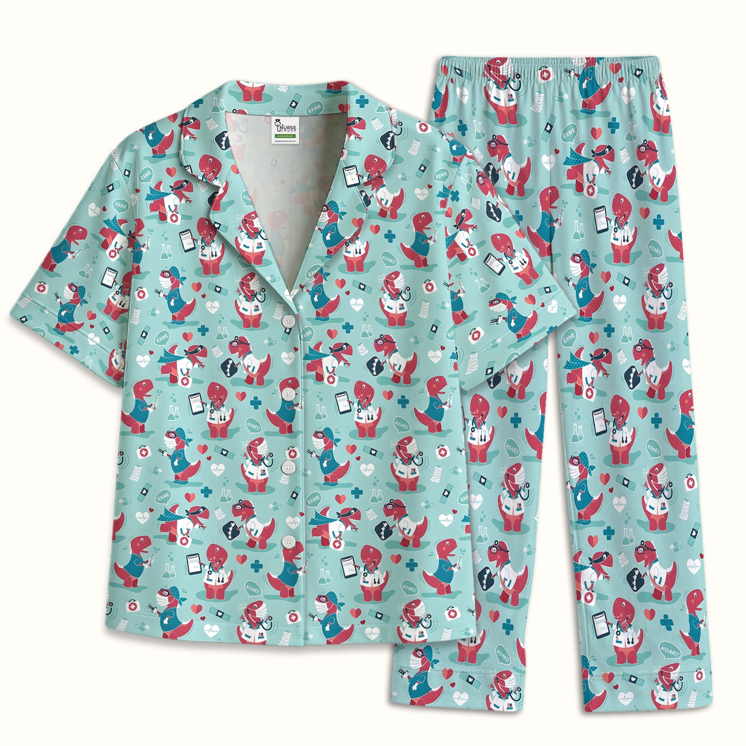 Cute Dinosaur Doctor Medical Pattern Pajama Set, Breathable Fabrics Uniform