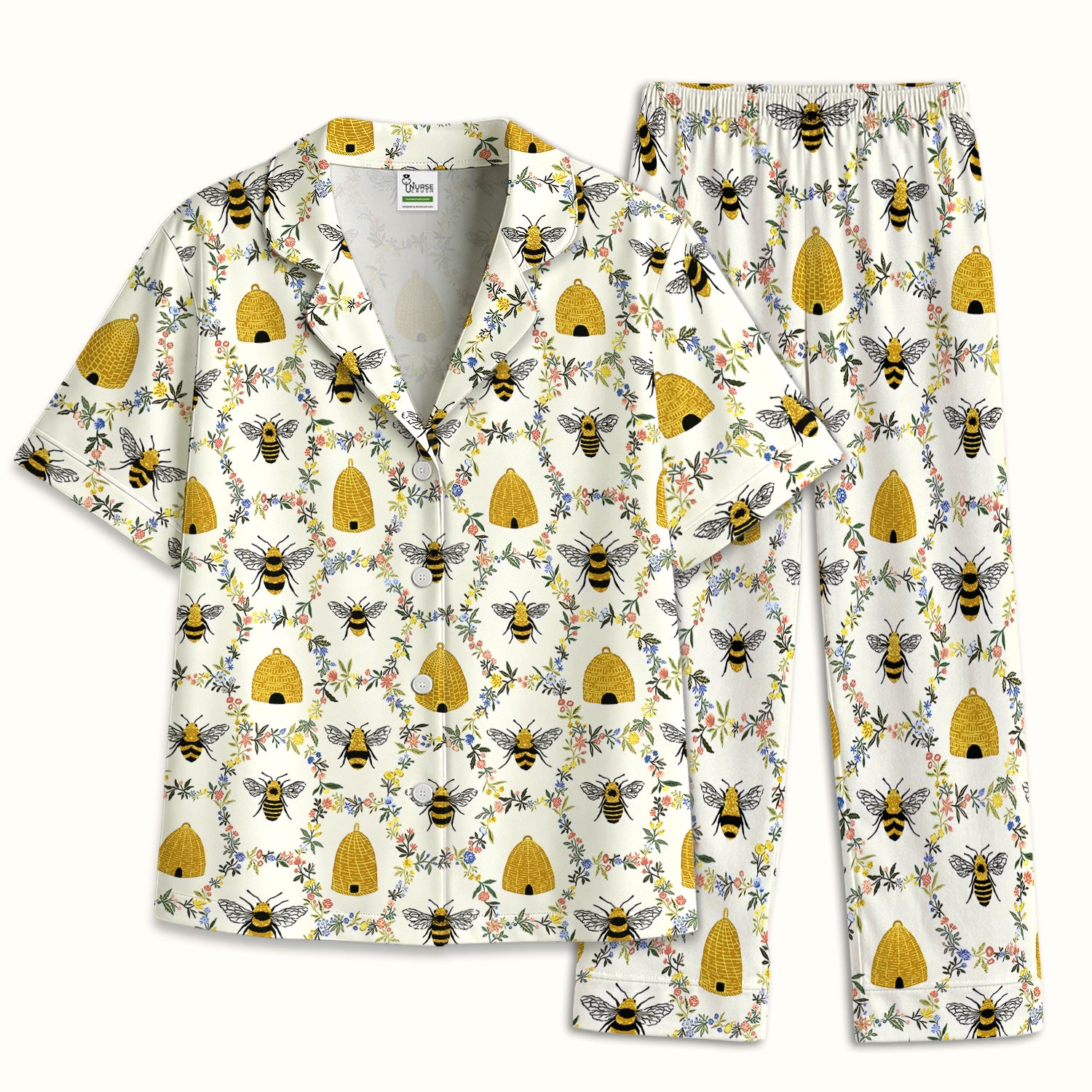 Honey Bee Beehive Floral Print Pajama Set, Soft Breathable Fabric Comfortable Sleepwear