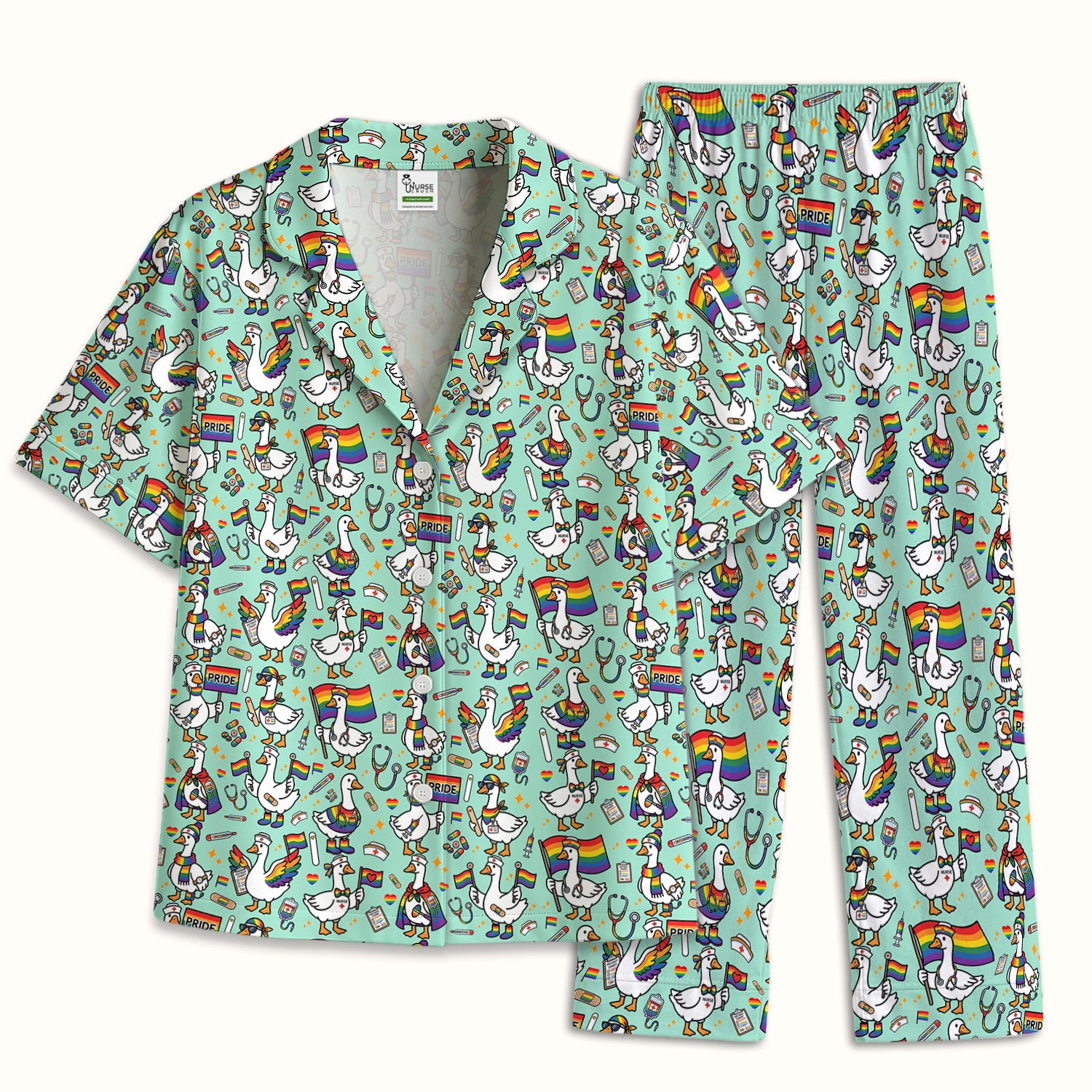 LGBT Pride Nurse Duck Pattern Pajama Set, Breathable Fabrics Uniform