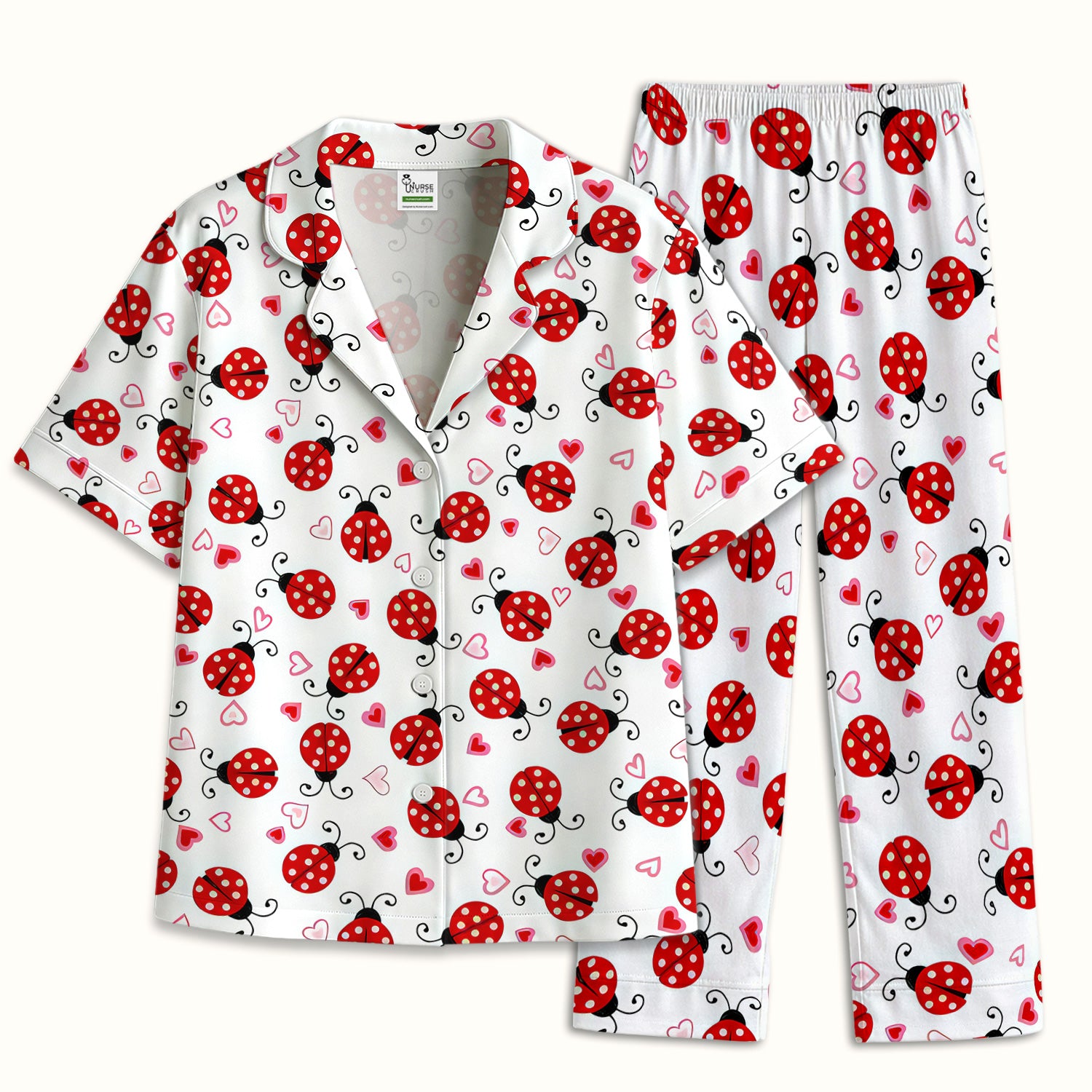 Cute Ladybug Heart Love Pattern Pajama Set, Soft Breathable Fabric Comfortable Sleepwear