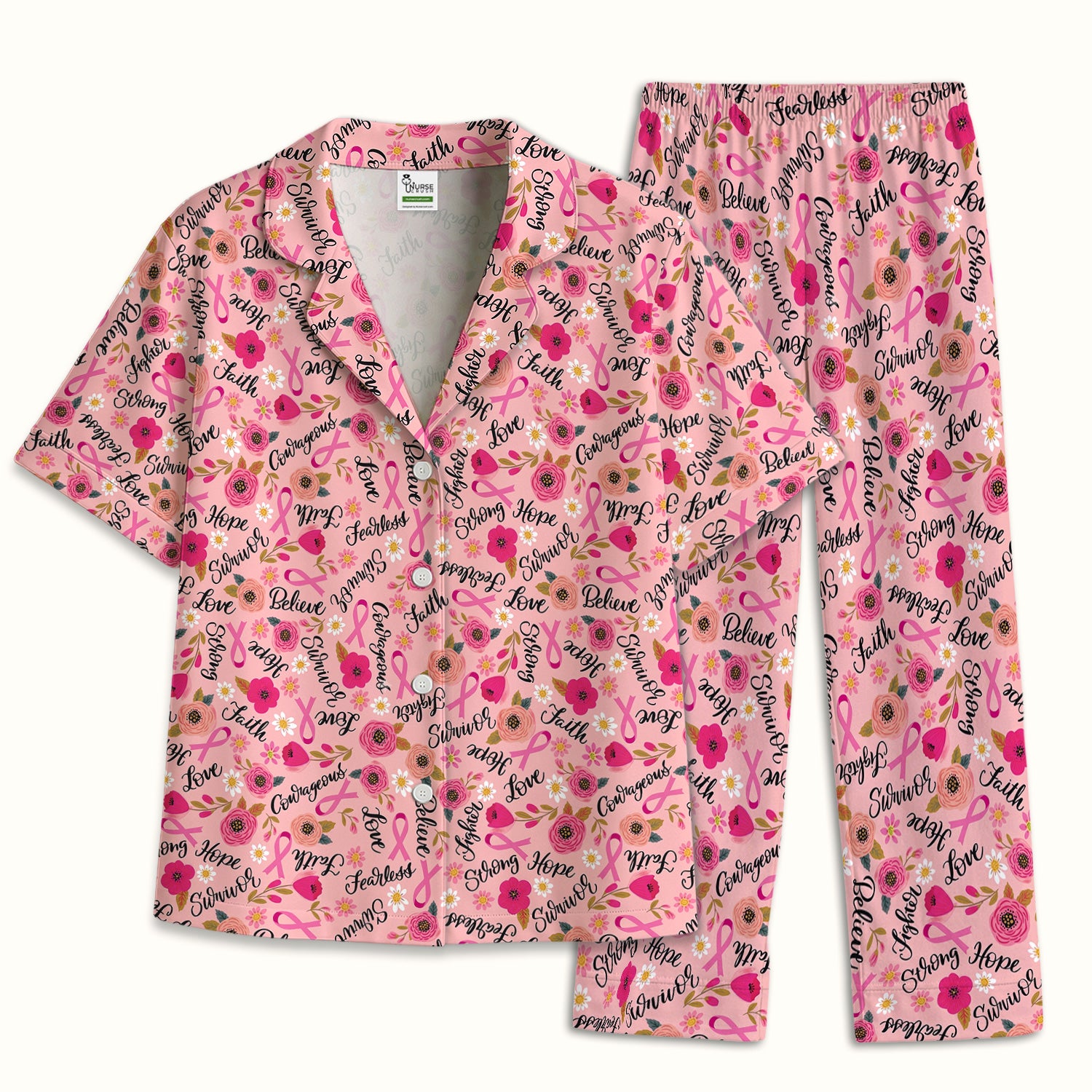 Breast Cancer Awareness Oncology with Pink Ribbon Floral Pattern Pajama Set, Soft Breathable Fabric Comfortable Sleepwear
