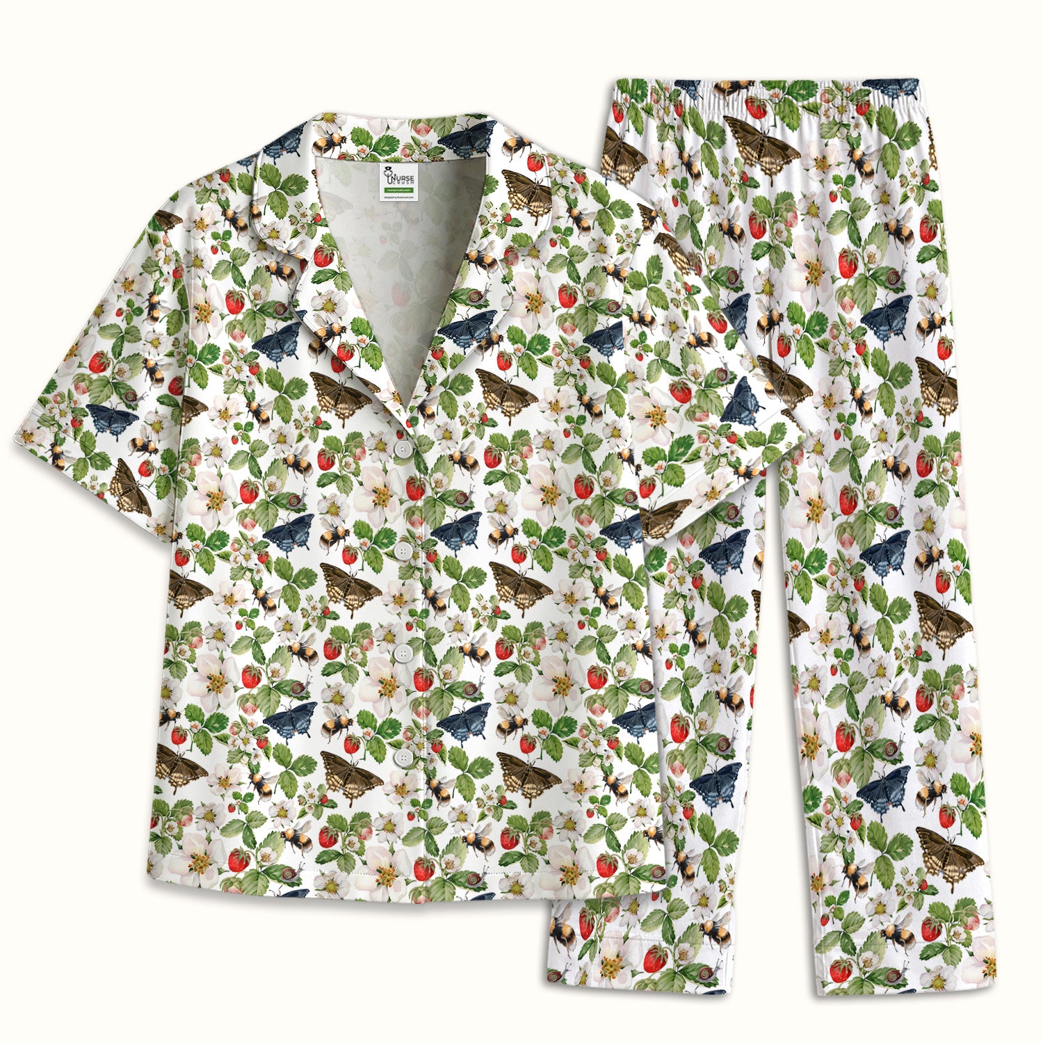 Charming Strawberry Butterfly Garden Pattern Pajama Set, Soft Breathable Fabric Comfortable Sleepwear