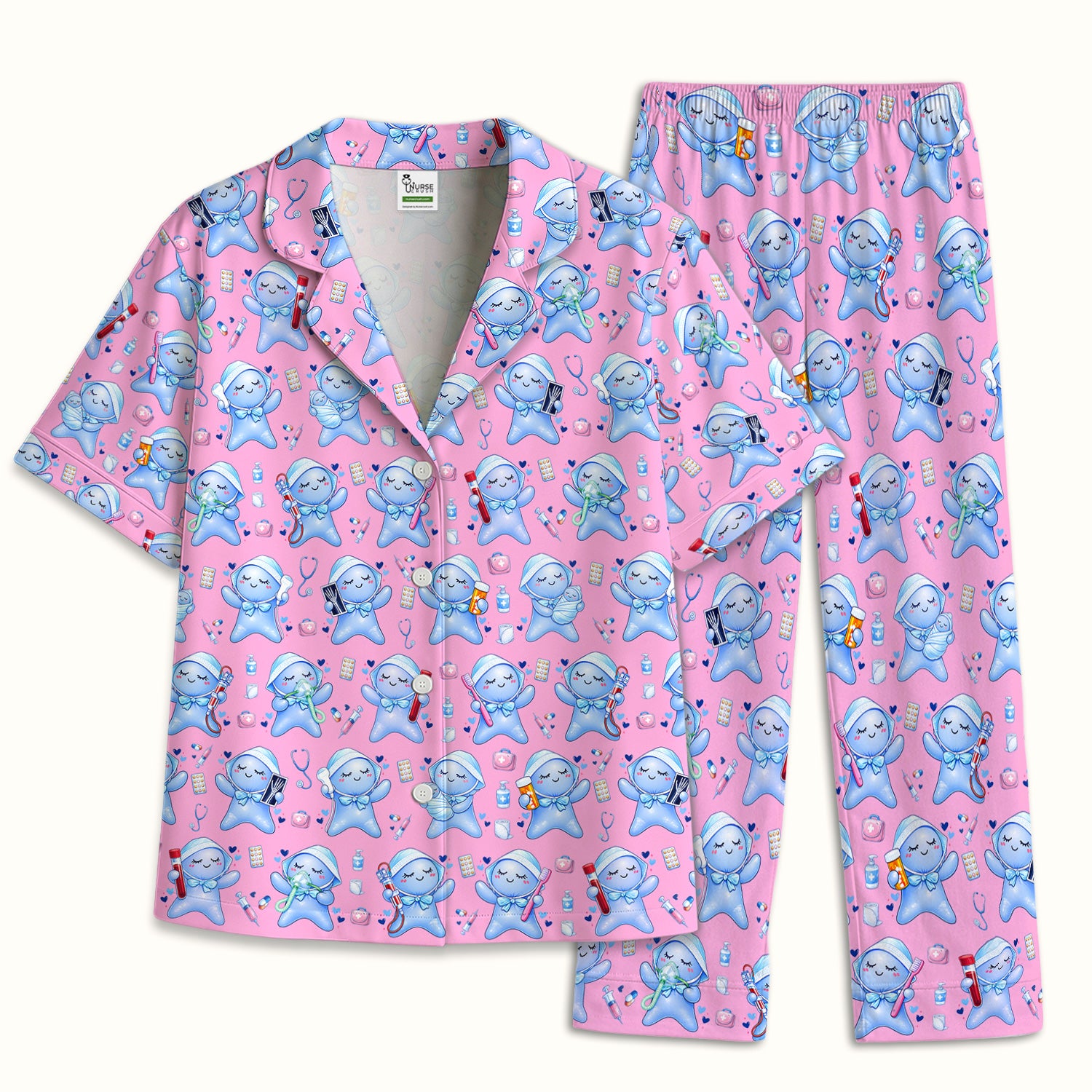 Cute Tooth Character Dental Tools Caring Pattern Pajama Set, Breathable Fabrics Uniform