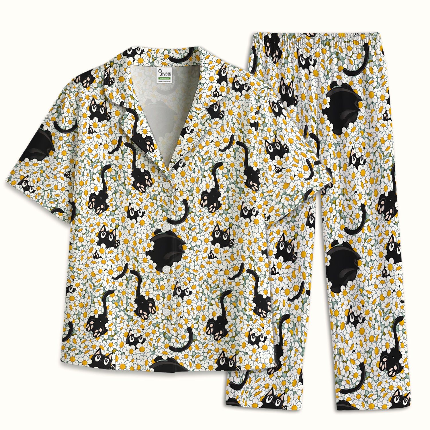 Daisy Black Cat Nurse Pattern Pajama Set, Soft Breathable Fabric Comfortable Sleepwear